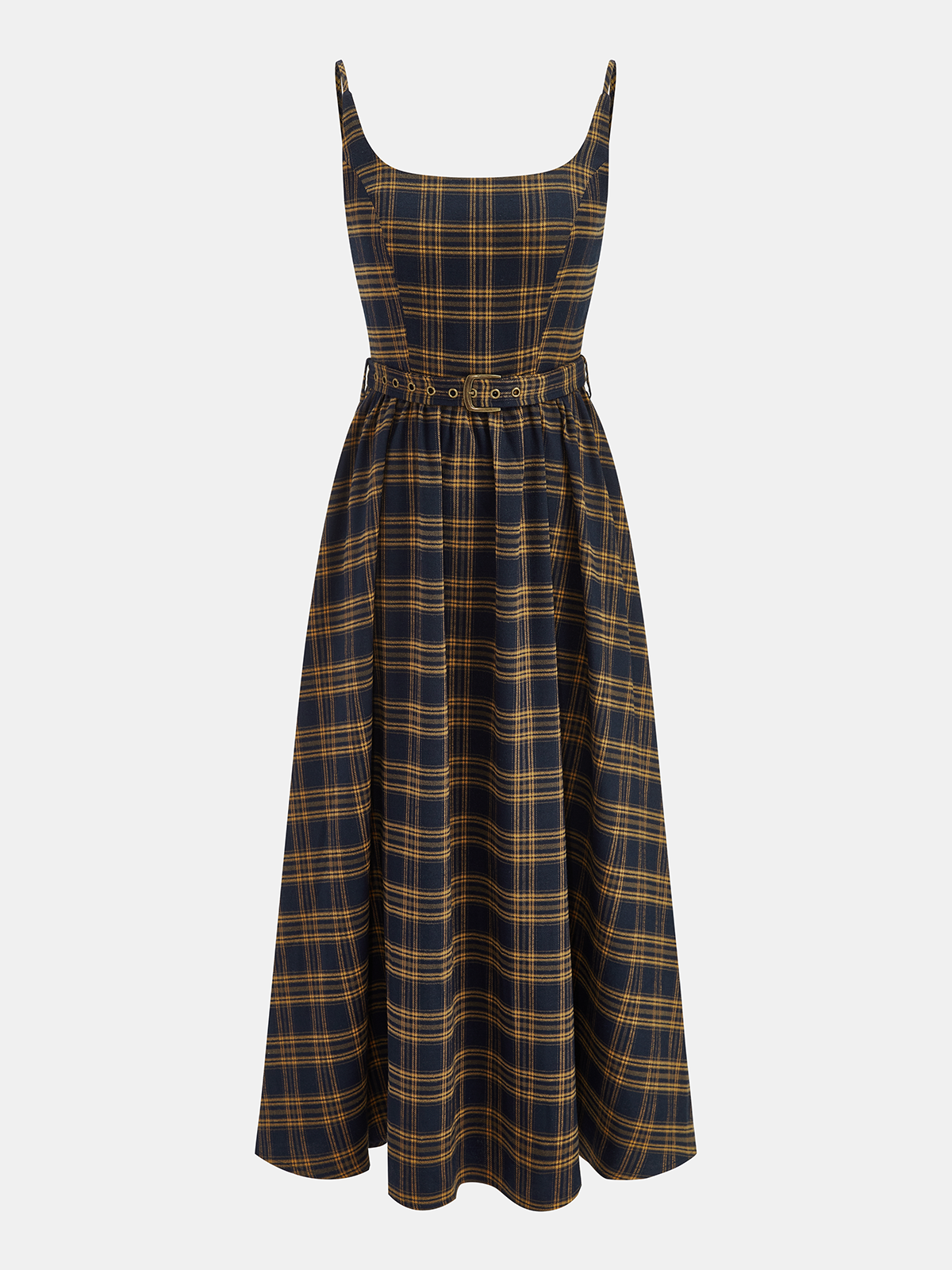 Plaid Smocked Bodice Belted Midi Dress-Chicvia