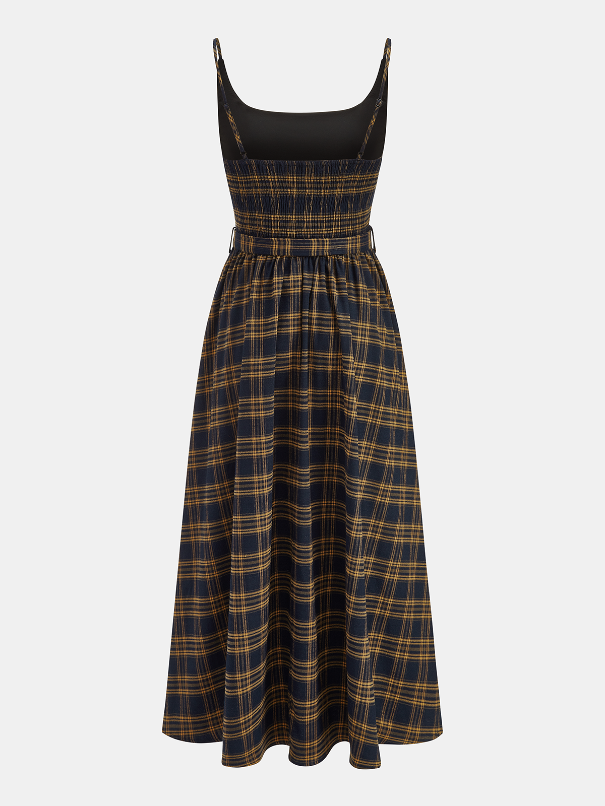 Plaid Smocked Bodice Belted Midi Dress-Chicvia