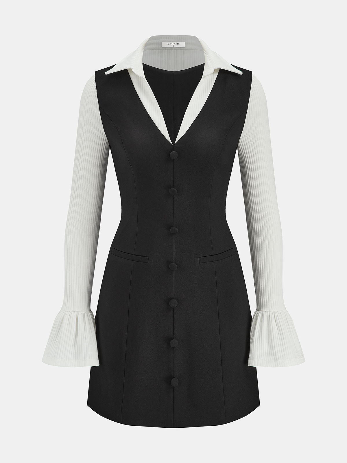 Collared Knit Flared Sleeve Panel Mini Dress-Chicvia