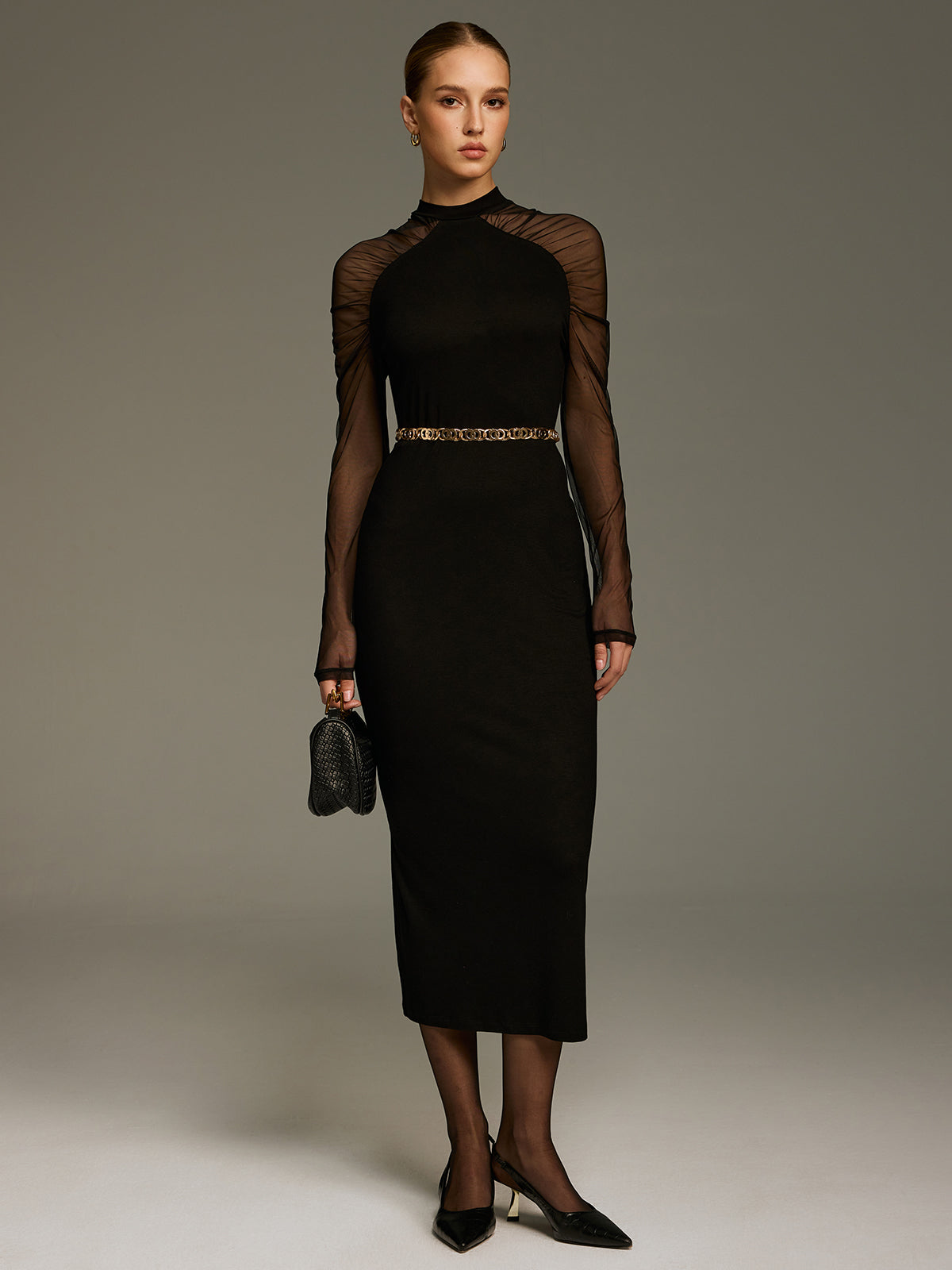 Mesh-Sleeve Knit Maxi Dress without Chain-Chicvia