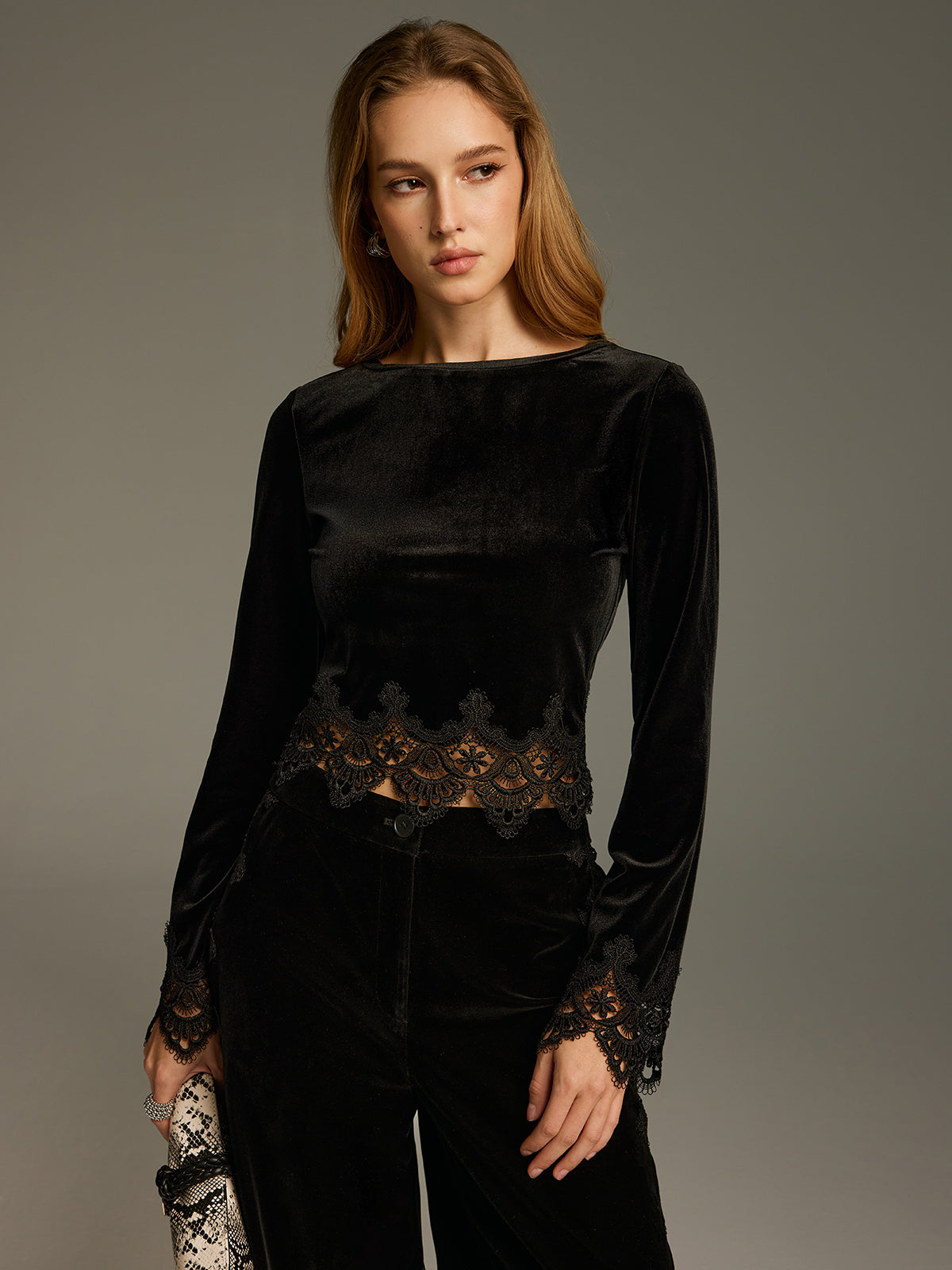 Lace Panel Velvet Long-Sleeve Top-Chicvia