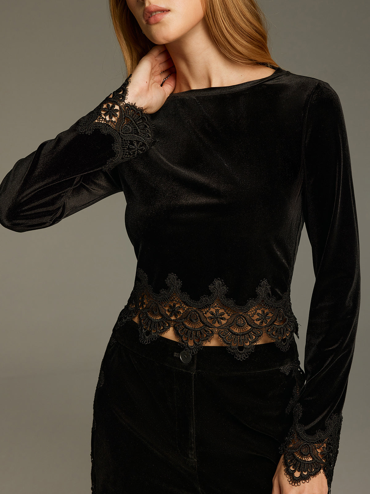Lace Panel Velvet Long-Sleeve Top-Chicvia
