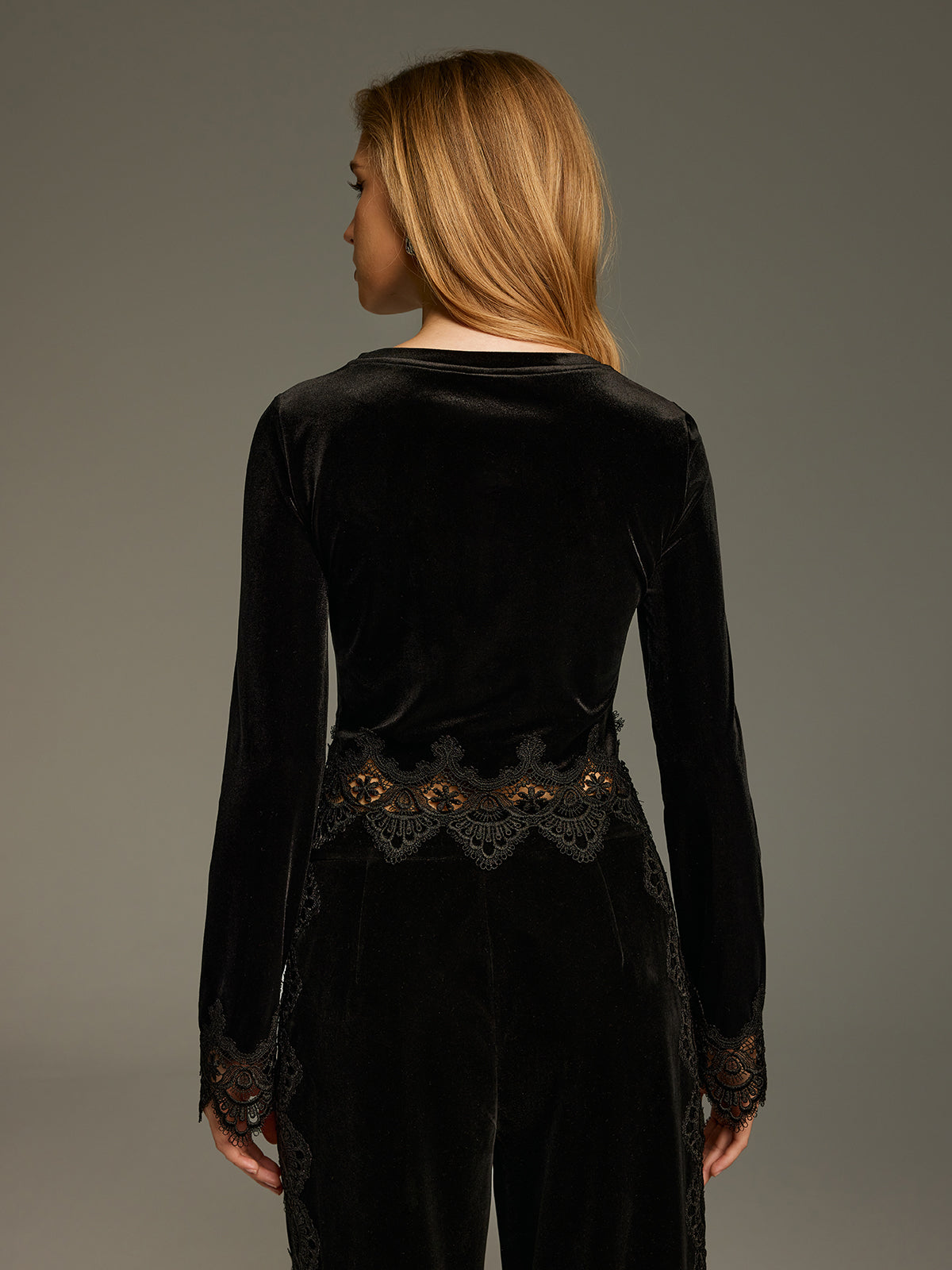 Lace Panel Velvet Long-Sleeve Top-Chicvia