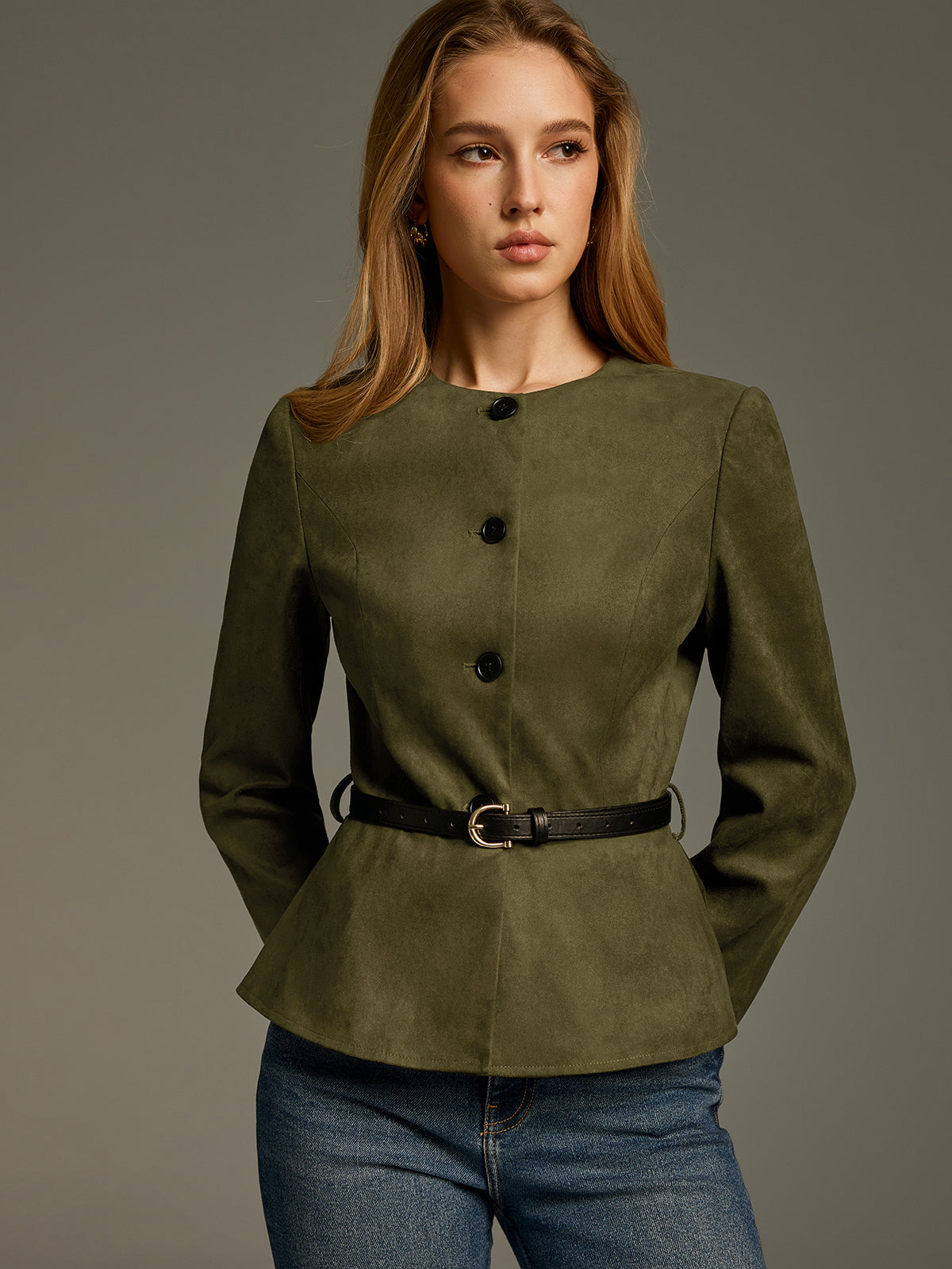 Belted Suede Effect Peplum Jacket-Chicvia