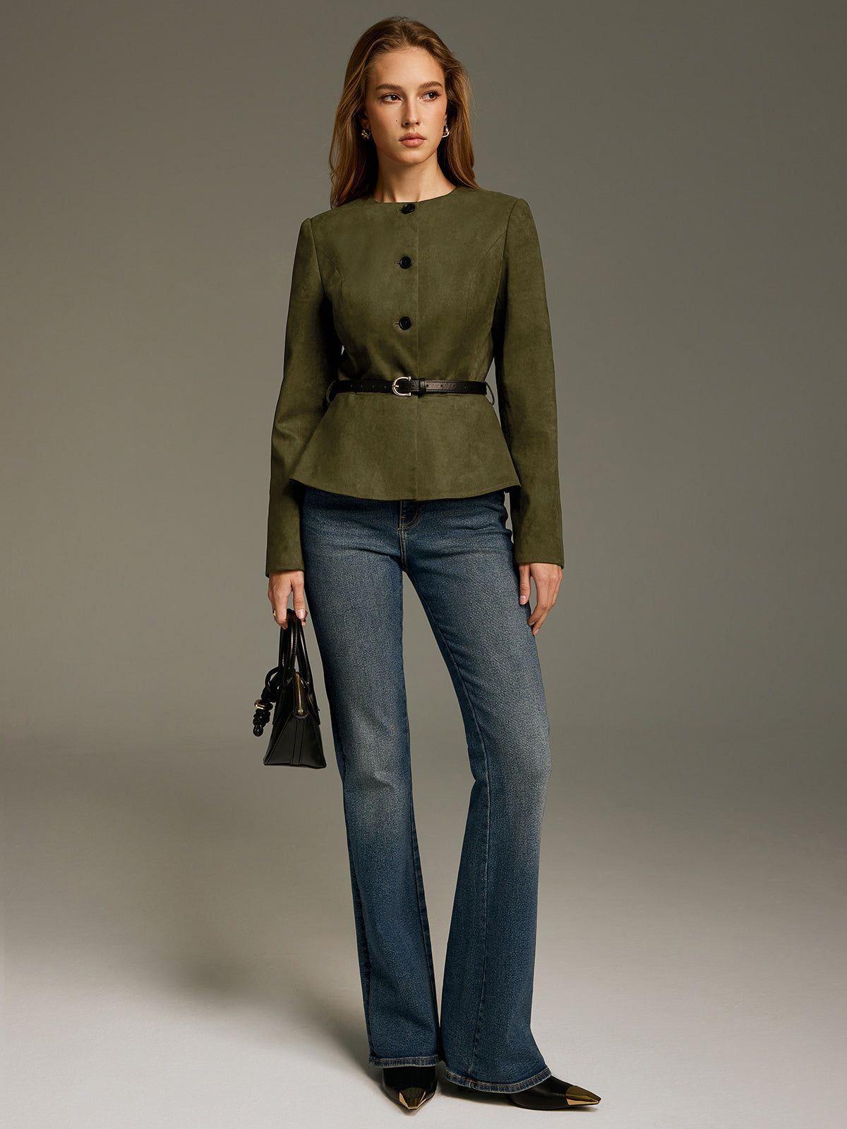 Belted Suede Effect Peplum Jacket-Chicvia