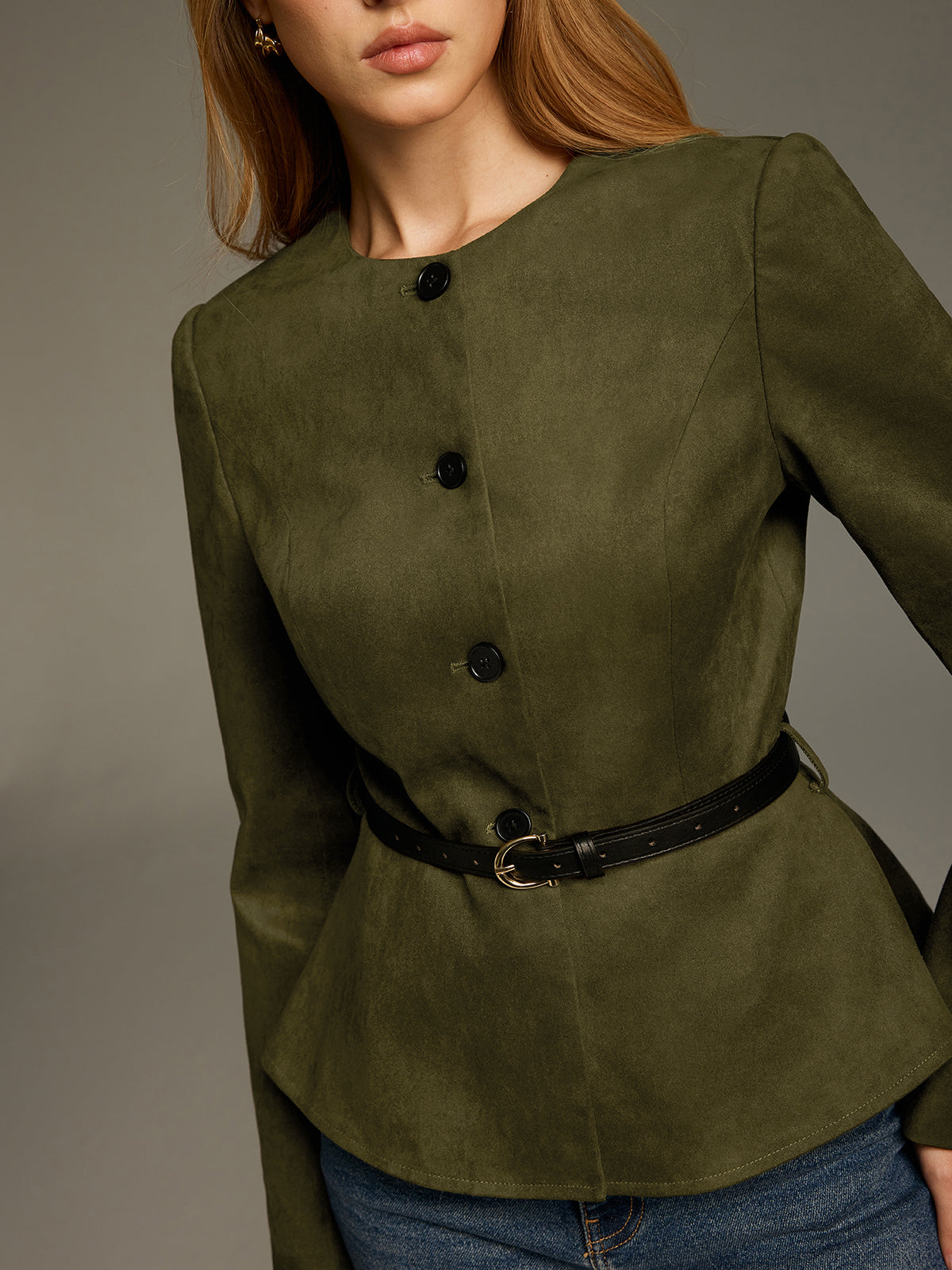 Belted Suede Effect Peplum Jacket-Chicvia
