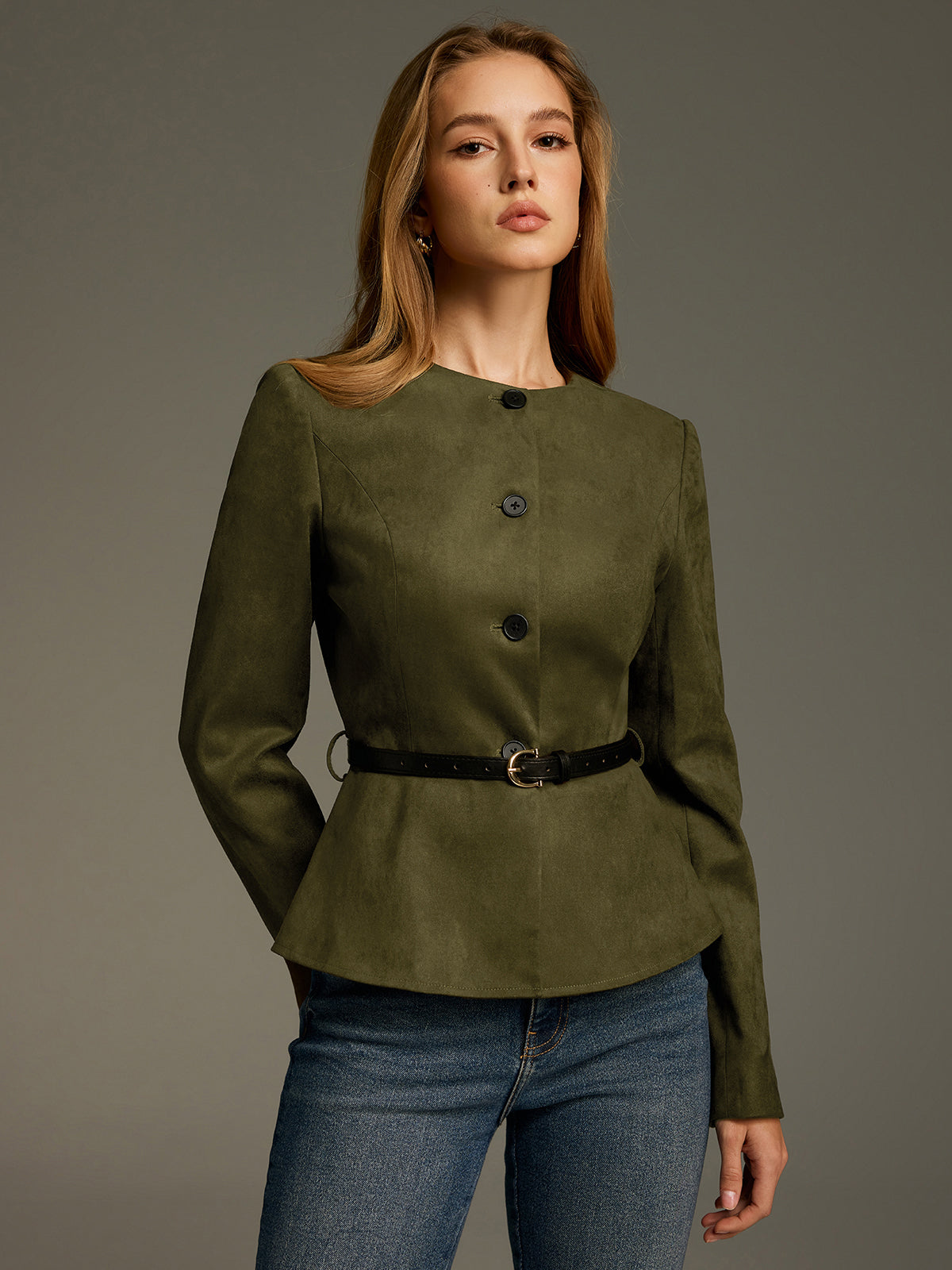 Belted Suede Effect Peplum Jacket-Chicvia