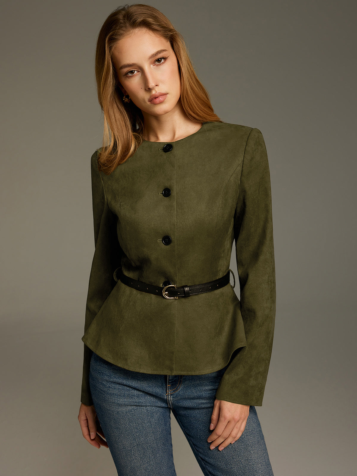Belted Suede Effect Peplum Jacket-Chicvia