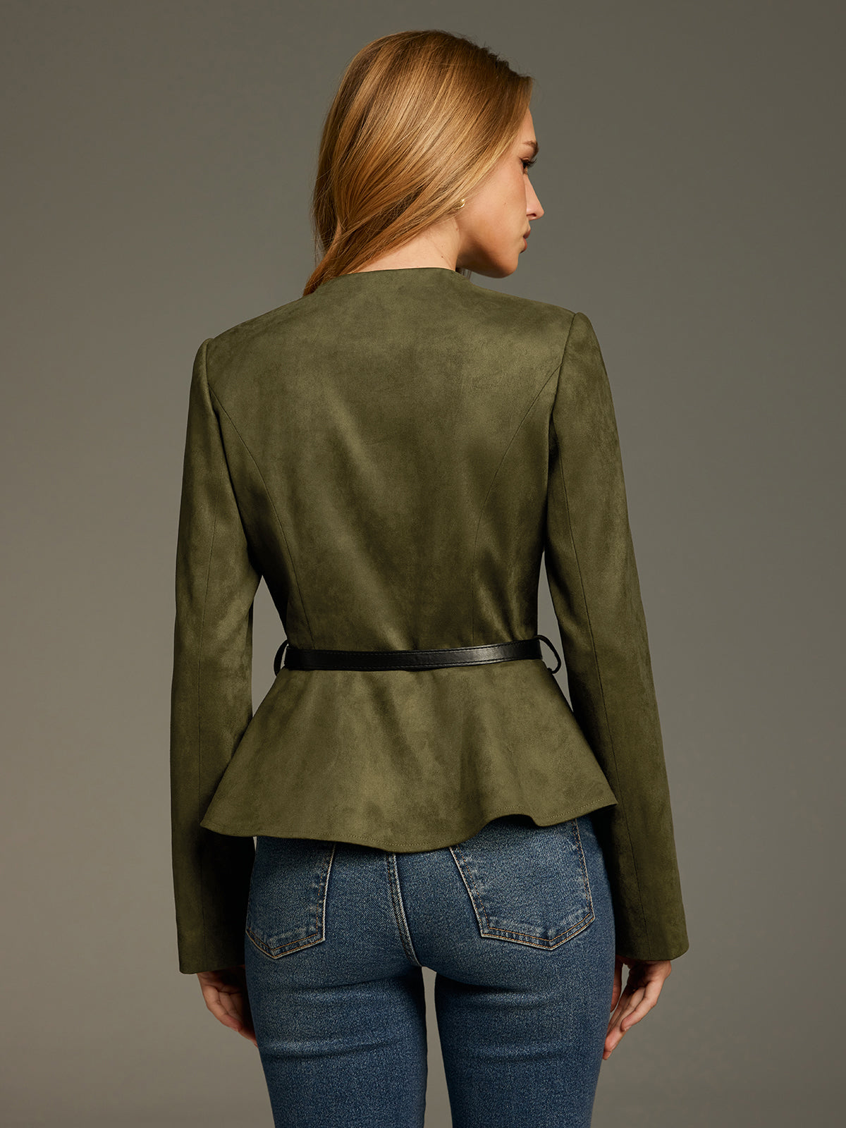 Belted Suede Effect Peplum Jacket-Chicvia
