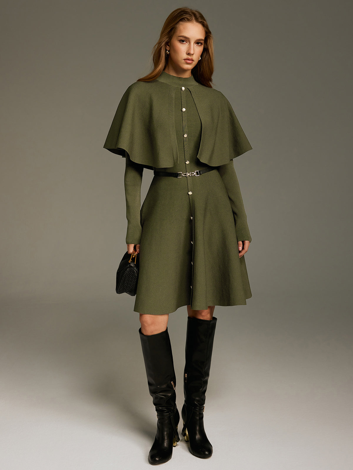 Capelet-Style Button-Front Belted Midi Dress-Chicvia