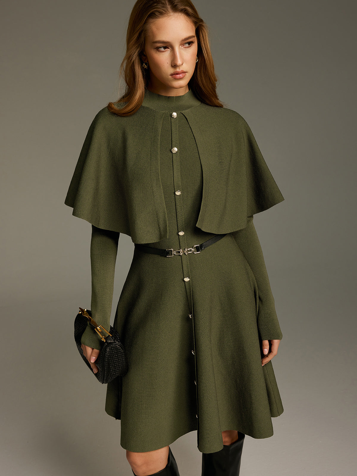 Capelet-Style Button-Front Belted Midi Dress-Chicvia