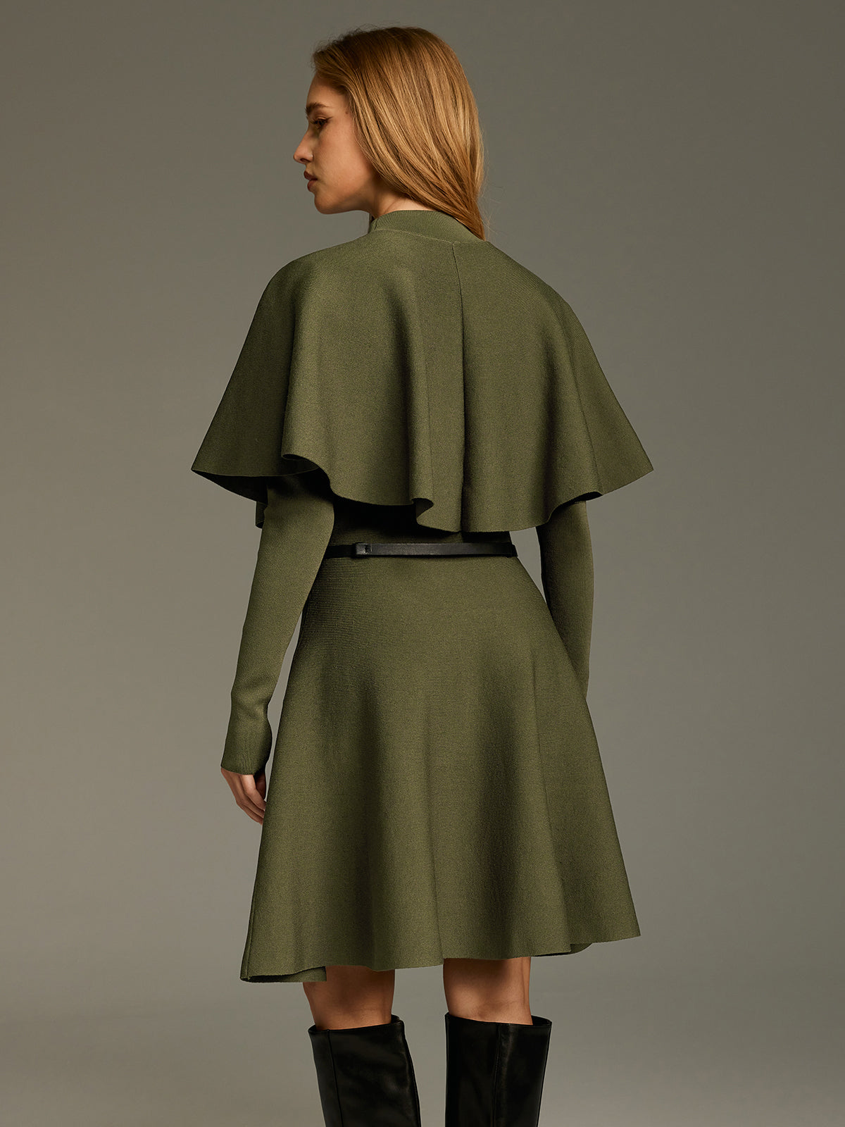 Capelet-Style Button-Front Belted Midi Dress-Chicvia