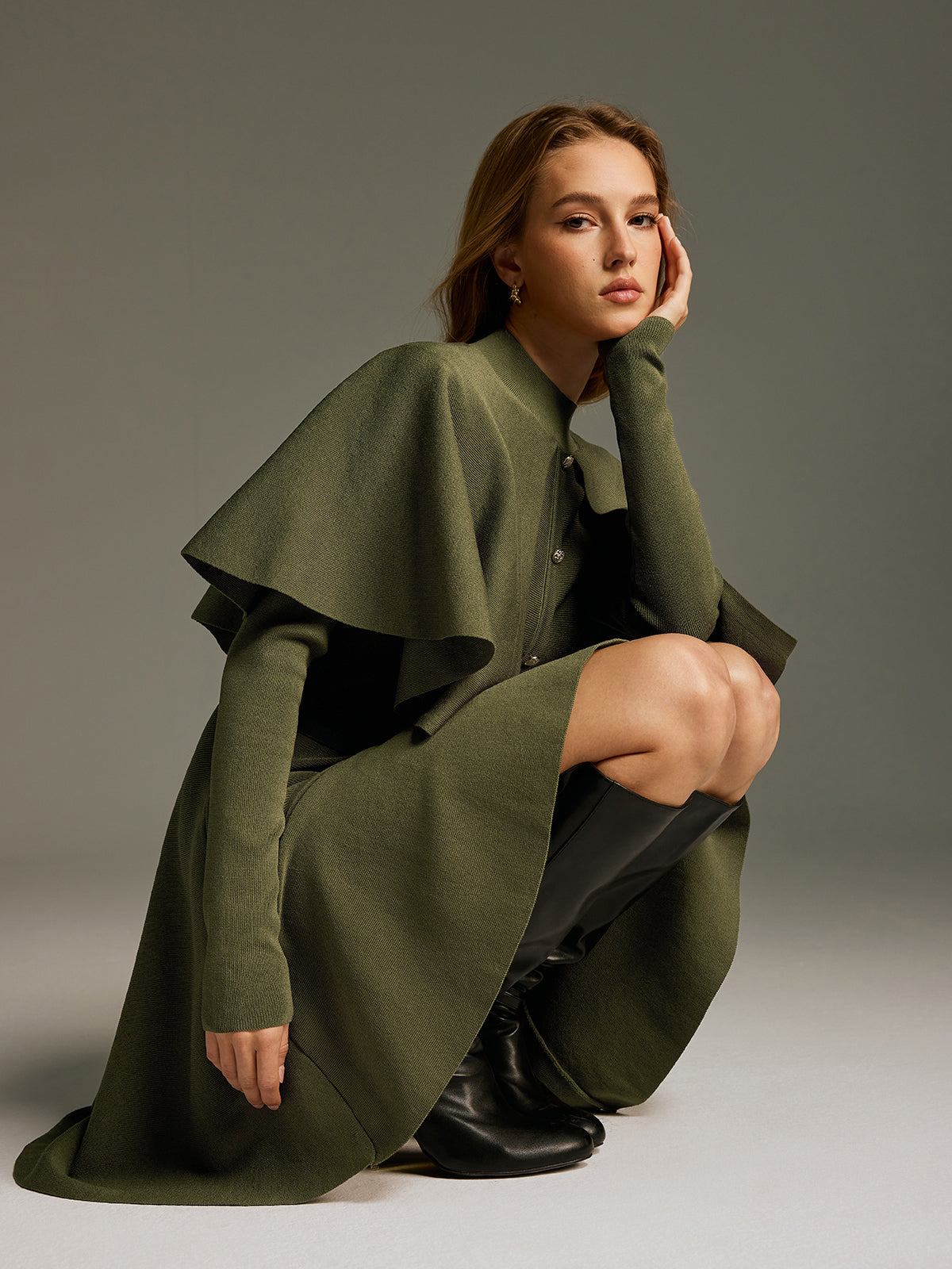 Capelet-Style Button-Front Belted Midi Dress-Chicvia