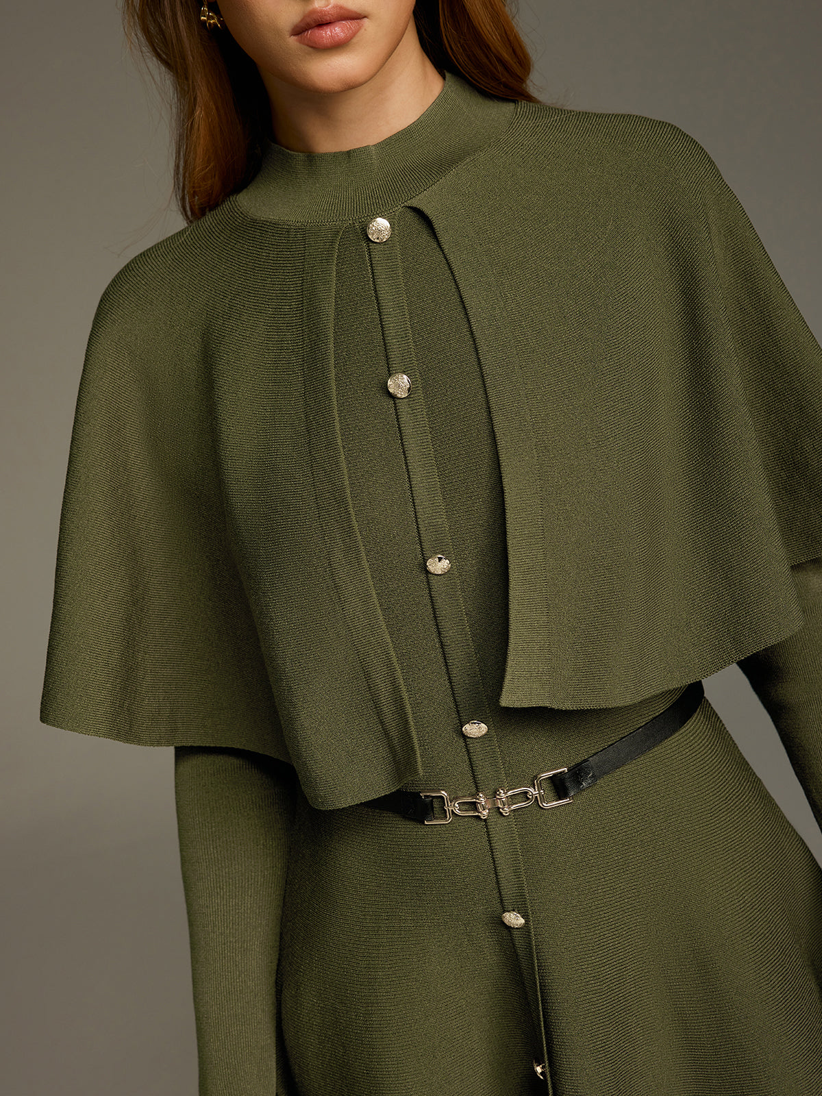 Capelet-Style Button-Front Belted Midi Dress-Chicvia