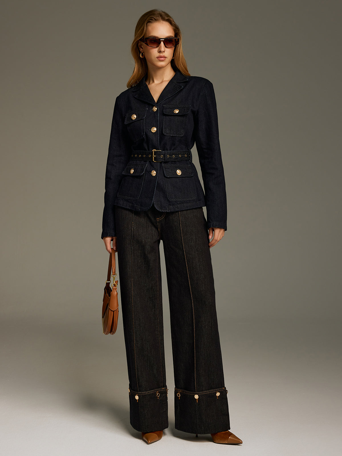 Metal Button Belted Denim Blazer-Chicvia