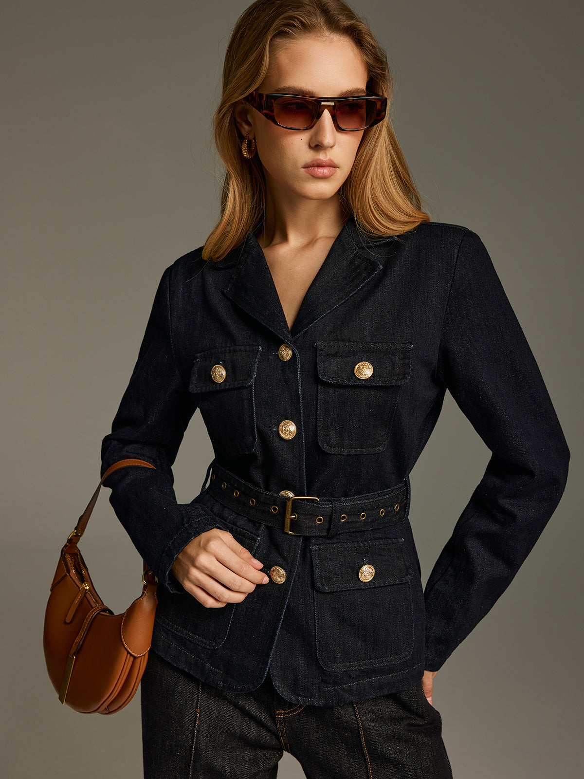 Metal Button Belted Denim Blazer-Chicvia