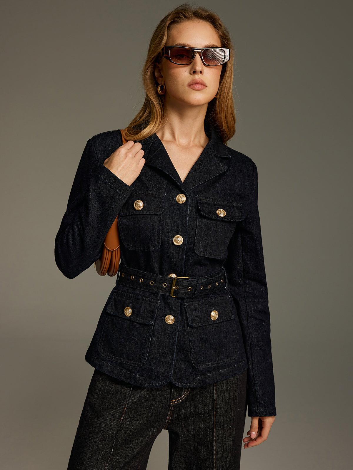 Metal Button Belted Denim Blazer-Chicvia