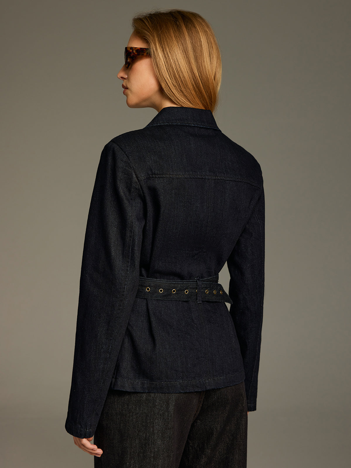 Metal Button Belted Denim Blazer-Chicvia