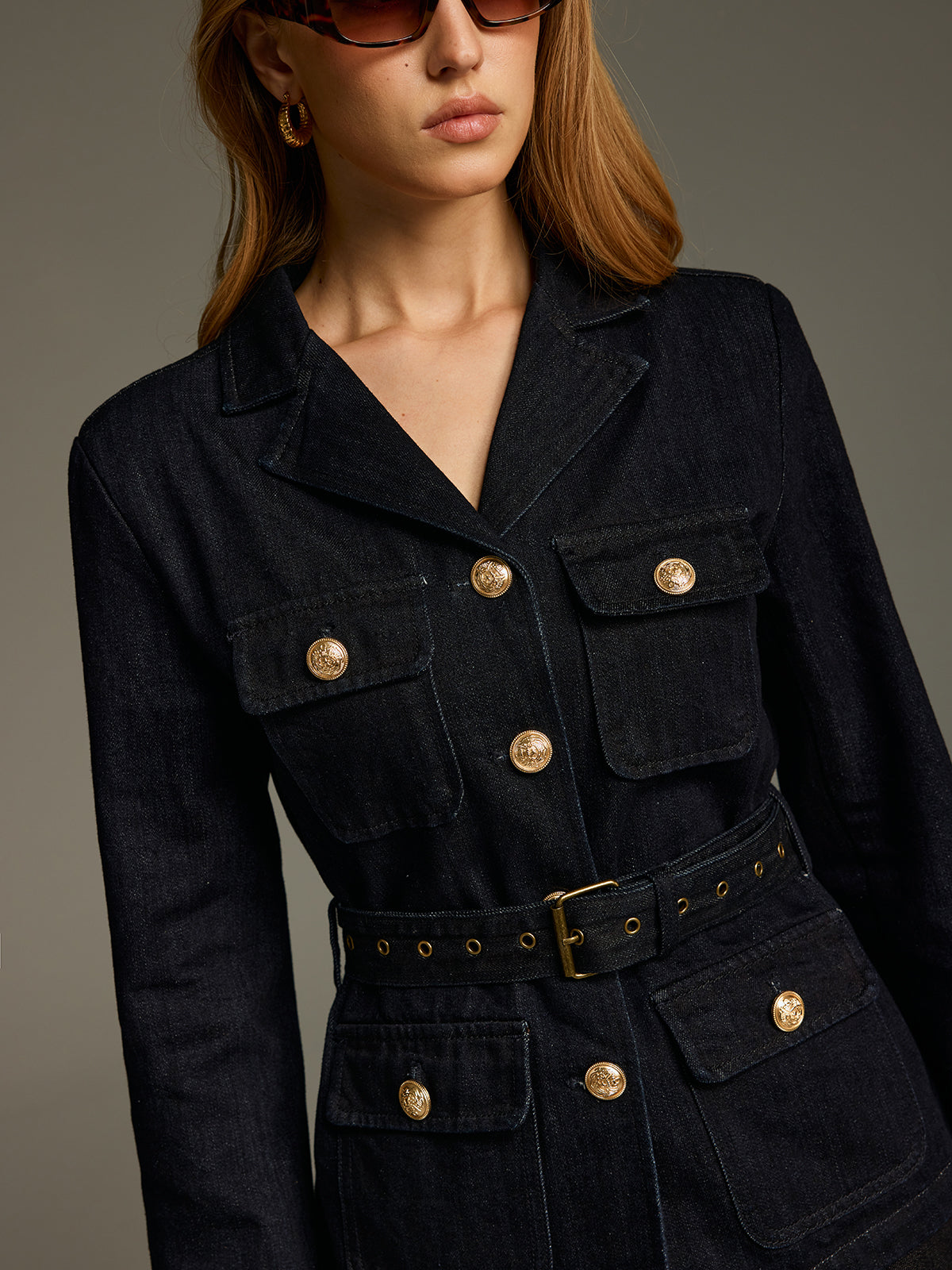 Metal Button Belted Denim Blazer-Chicvia