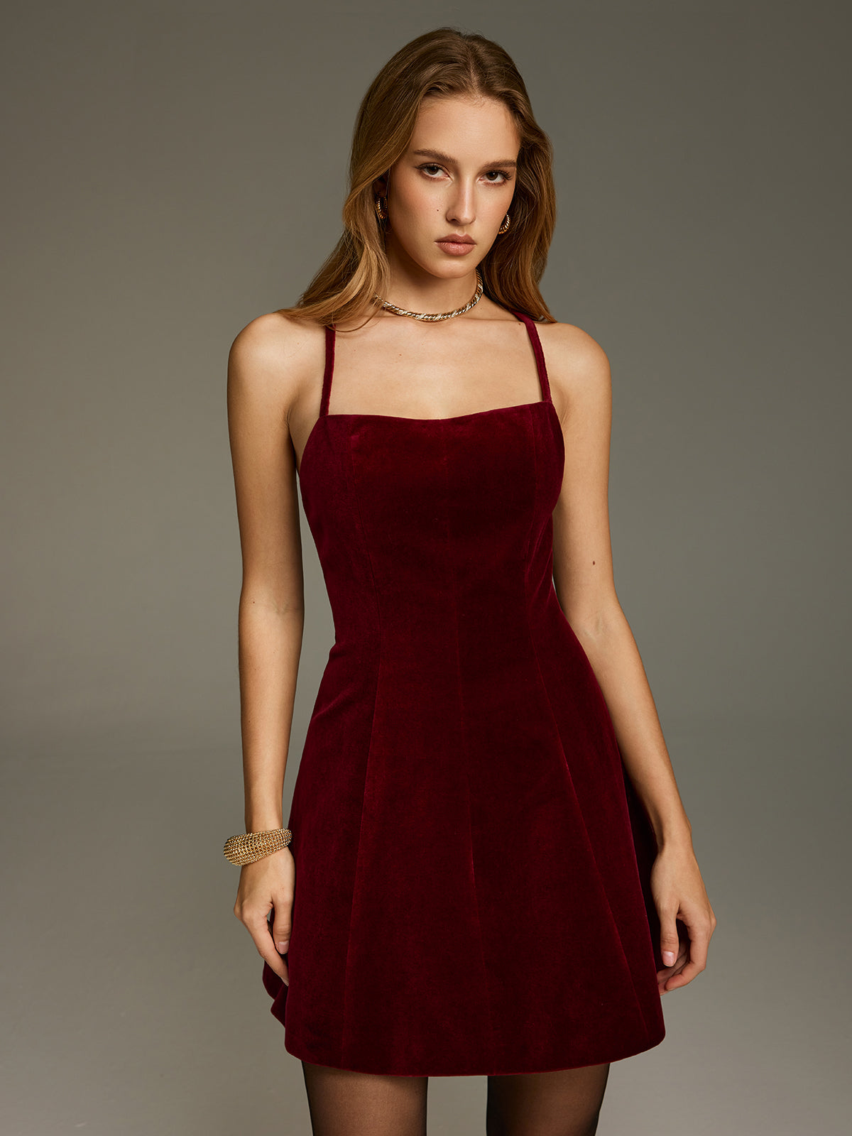 Crossover Back Velvet Cami Mini Dress-Chicvia