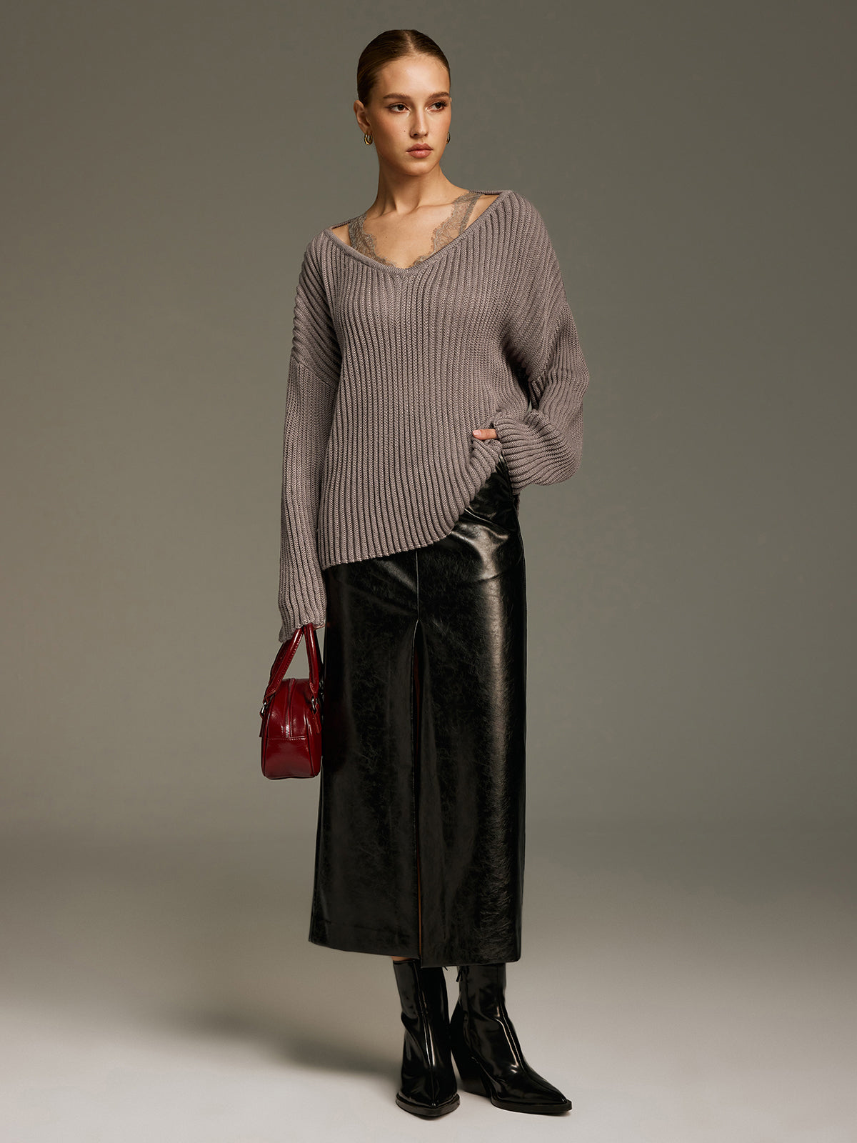 Lace Panel Wool-Blend Ribbed Knit Top-Chicvia