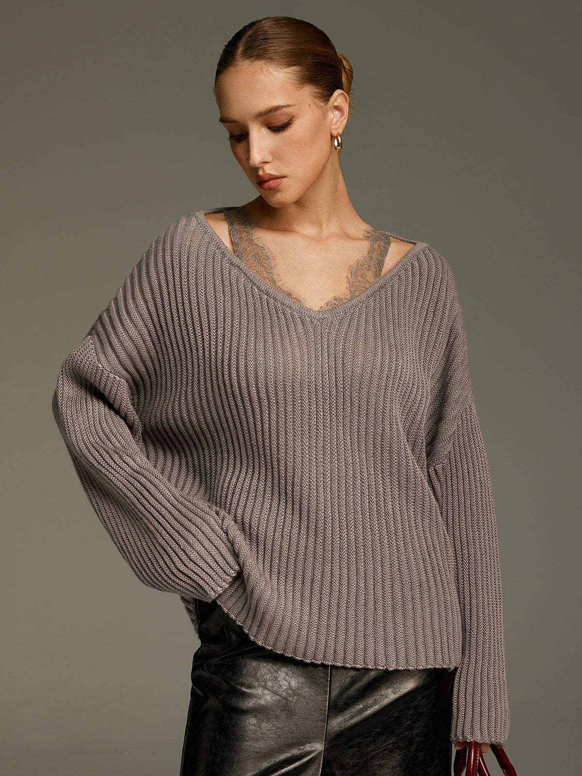 Lace Panel Wool-Blend Ribbed Knit Top-Chicvia