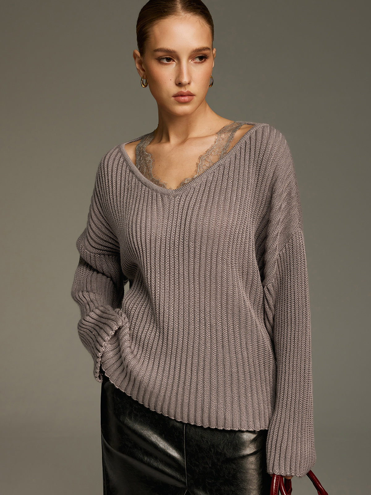 Lace Panel Wool-Blend Ribbed Knit Top-Chicvia