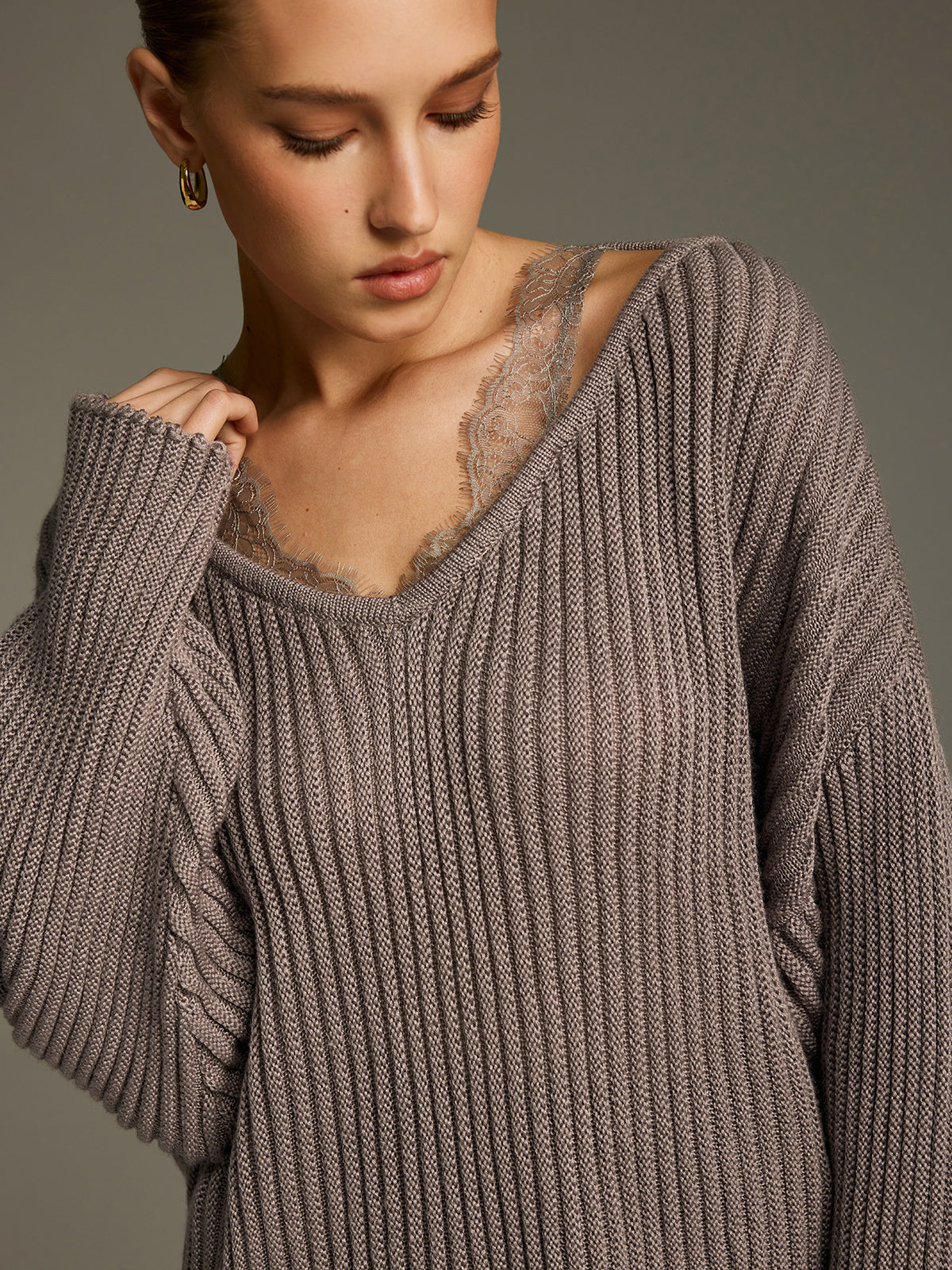 Lace Panel Wool-Blend Ribbed Knit Top-Chicvia