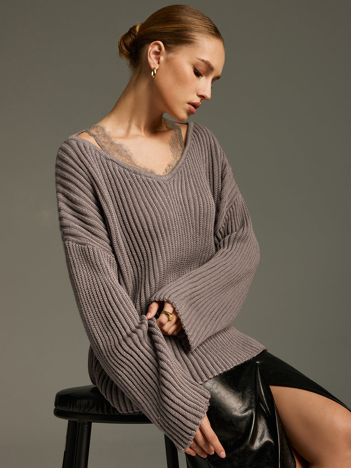 Lace Panel Wool-Blend Ribbed Knit Top-Chicvia