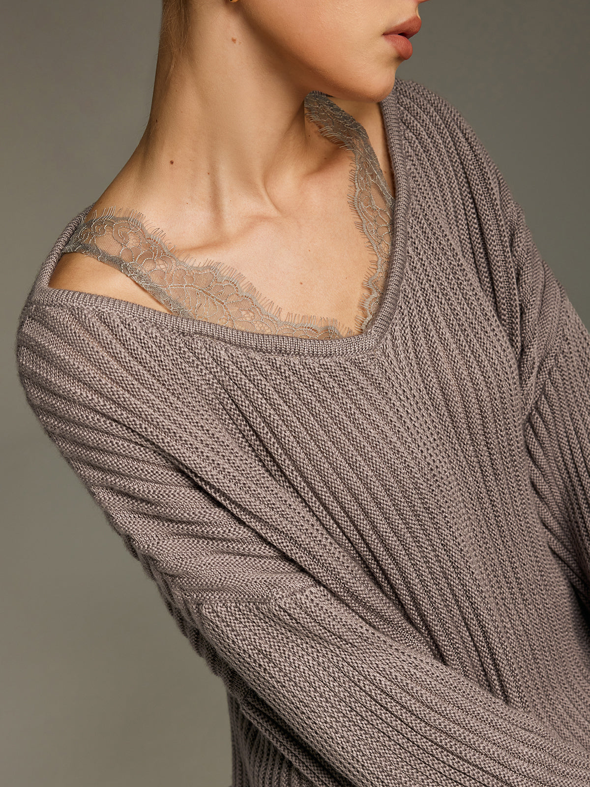 Lace Panel Wool-Blend Ribbed Knit Top-Chicvia