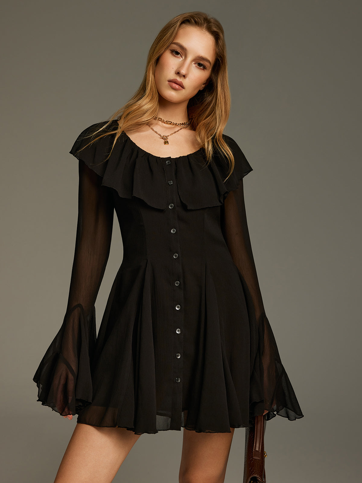 Chiffon Ruffled Bell-Sleeve Mini Dress-Chicvia
