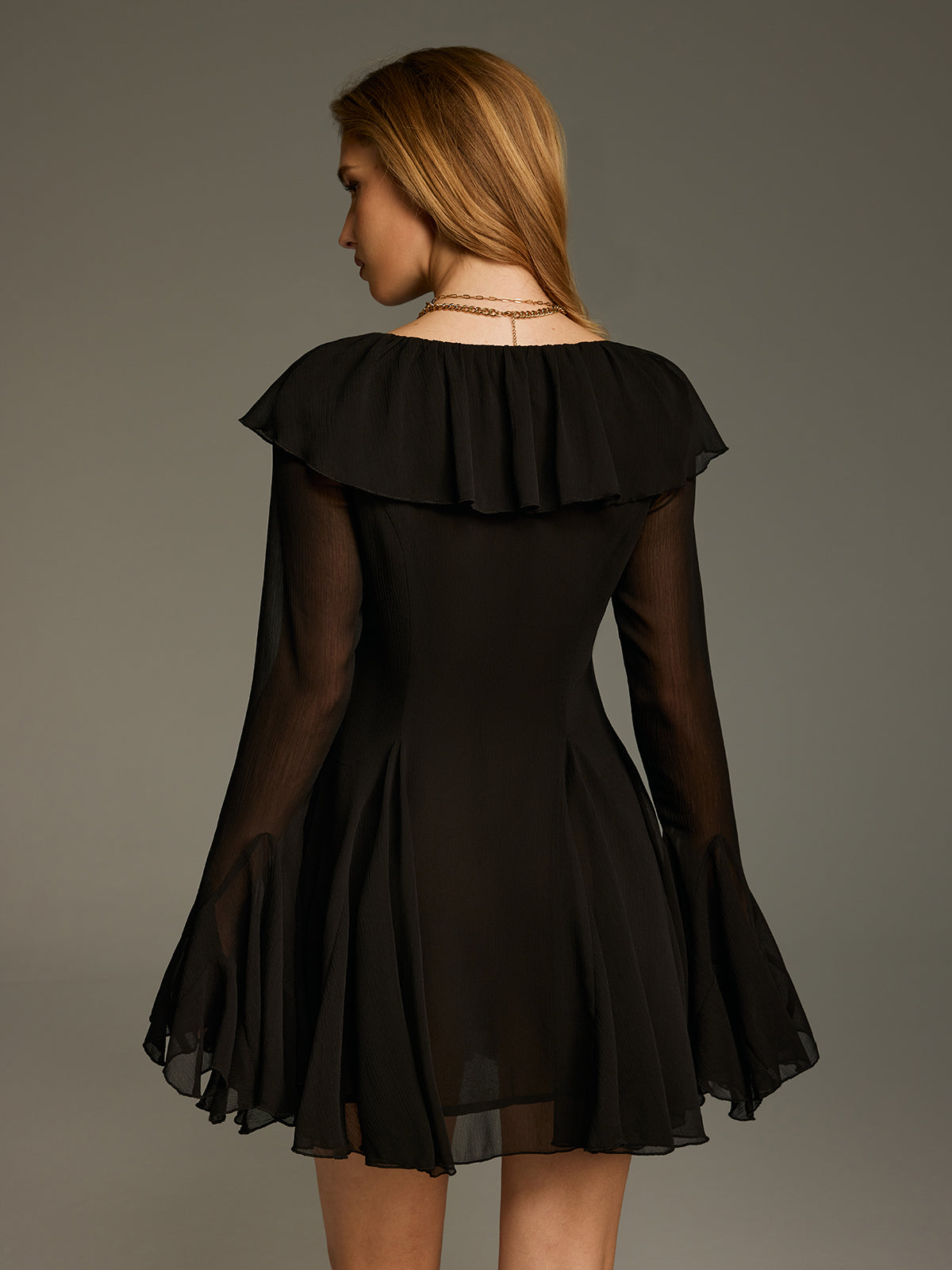 Chiffon Ruffled Bell-Sleeve Mini Dress-Chicvia