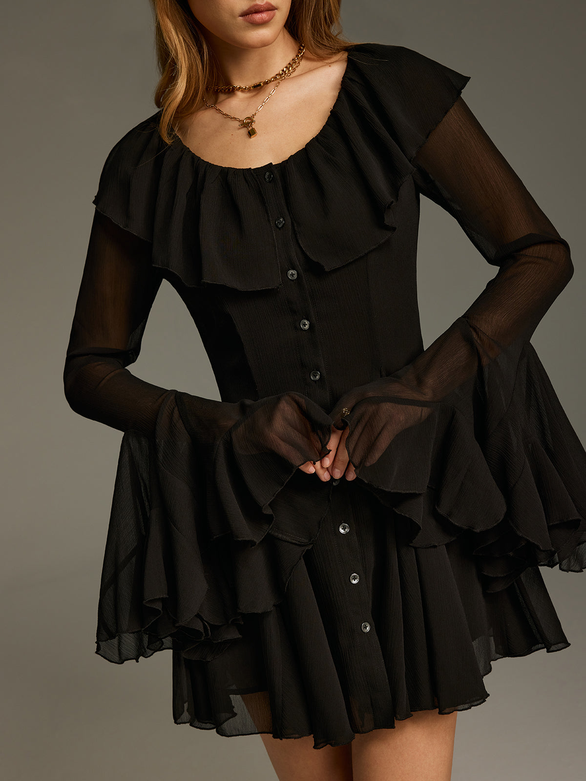 Chiffon Ruffled Bell-Sleeve Mini Dress-Chicvia