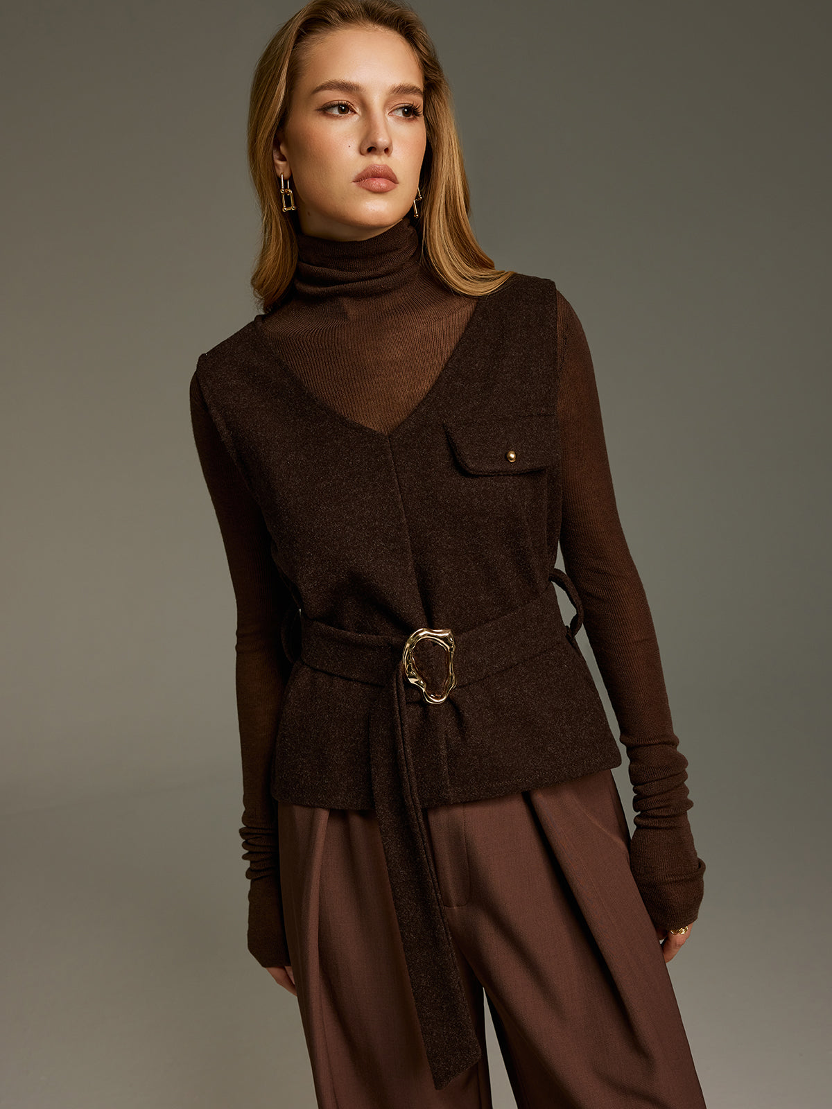 Belted Sleeveless V-Neck Vest-Chicvia