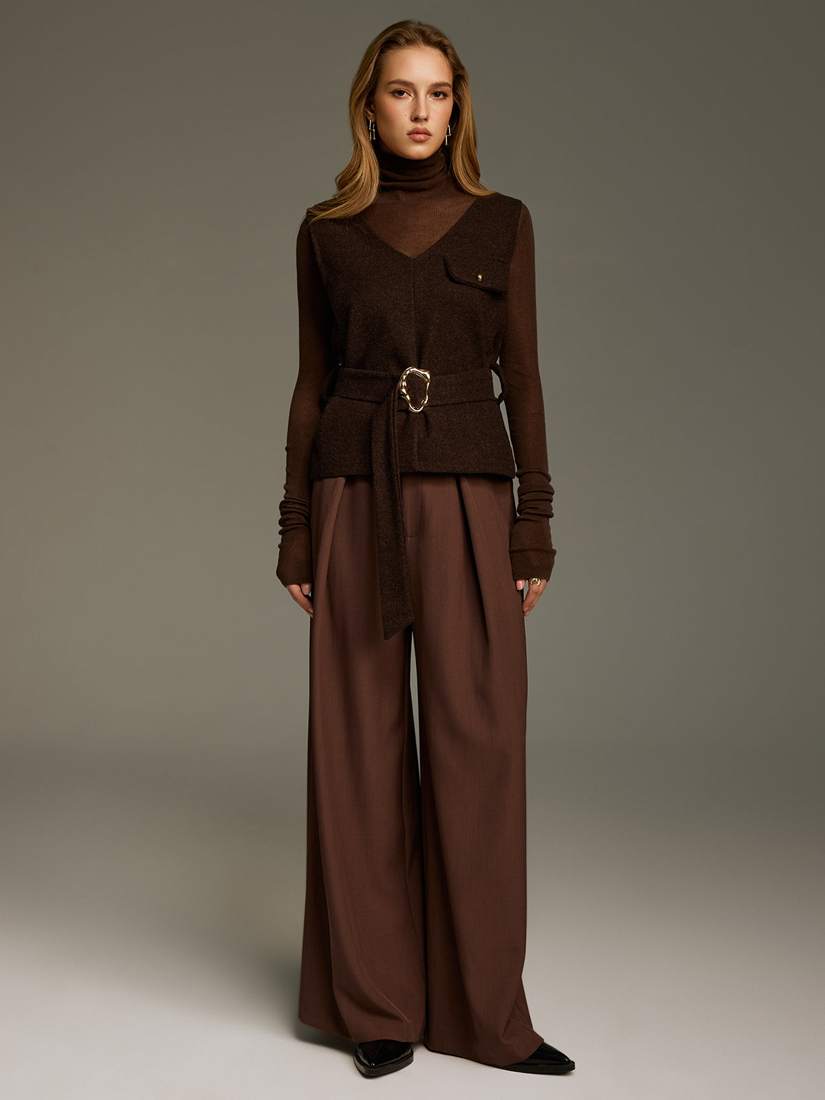 Belted Sleeveless V-Neck Vest-Chicvia