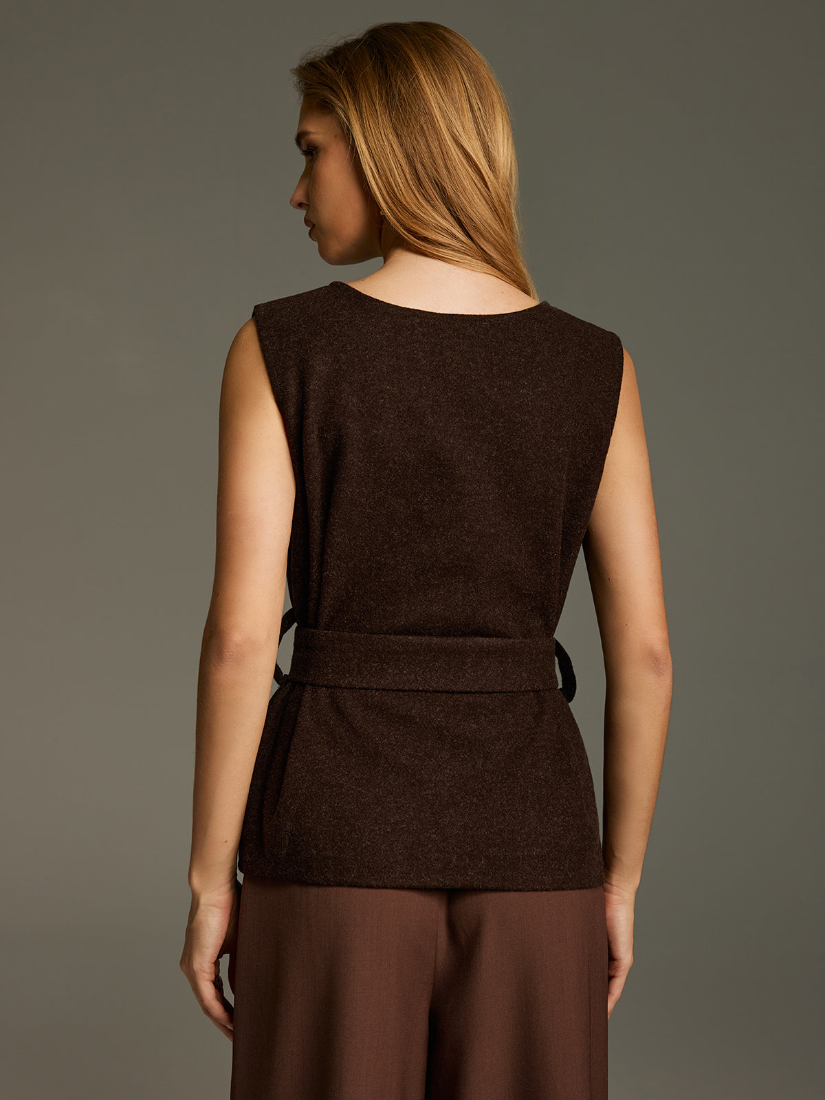 Belted Sleeveless V-Neck Vest-Chicvia