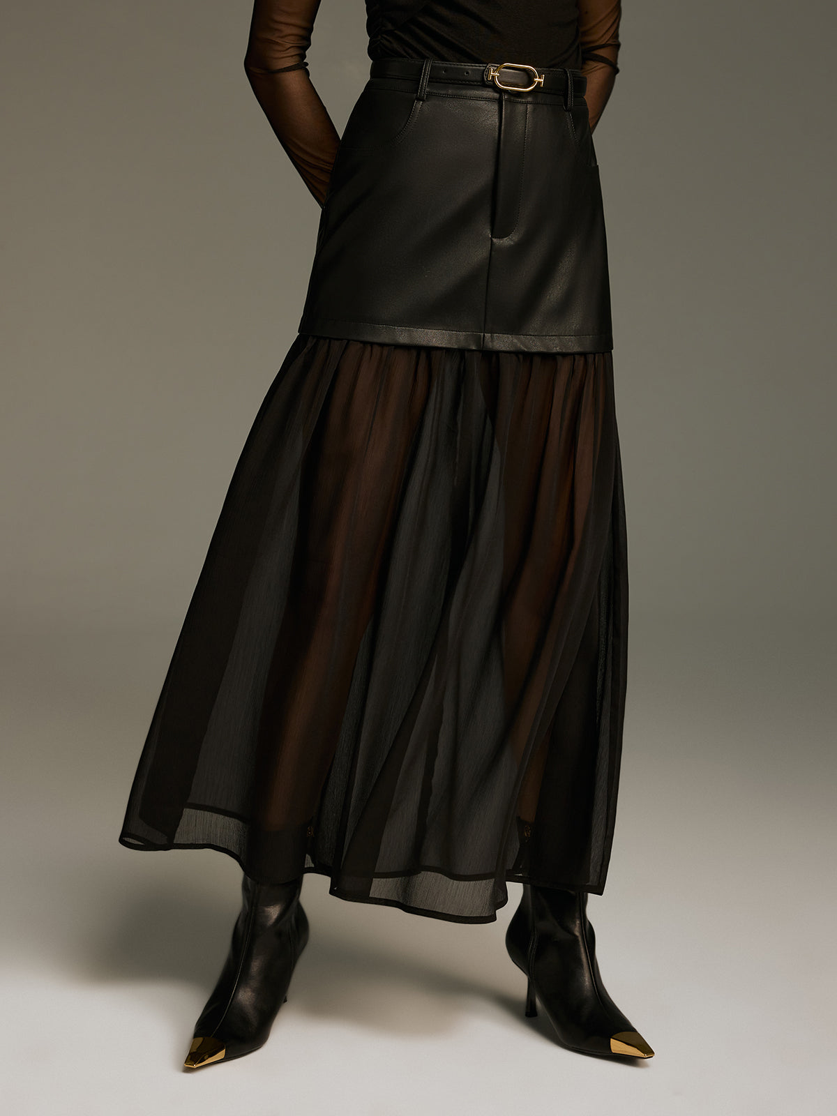 Belted Mesh Hem Faux Leather Maxi Skirt-Chicvia