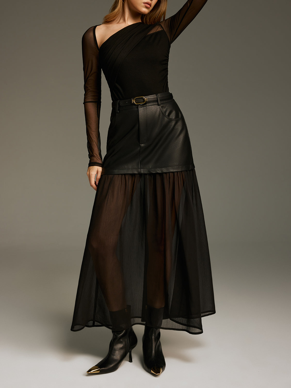 Belted Mesh Hem Faux Leather Maxi Skirt-Chicvia