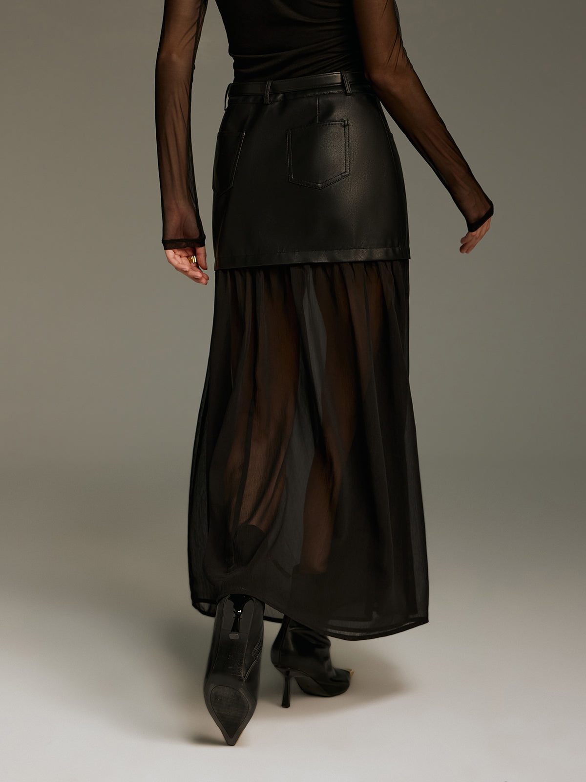 Belted Mesh Hem Faux Leather Maxi Skirt-Chicvia