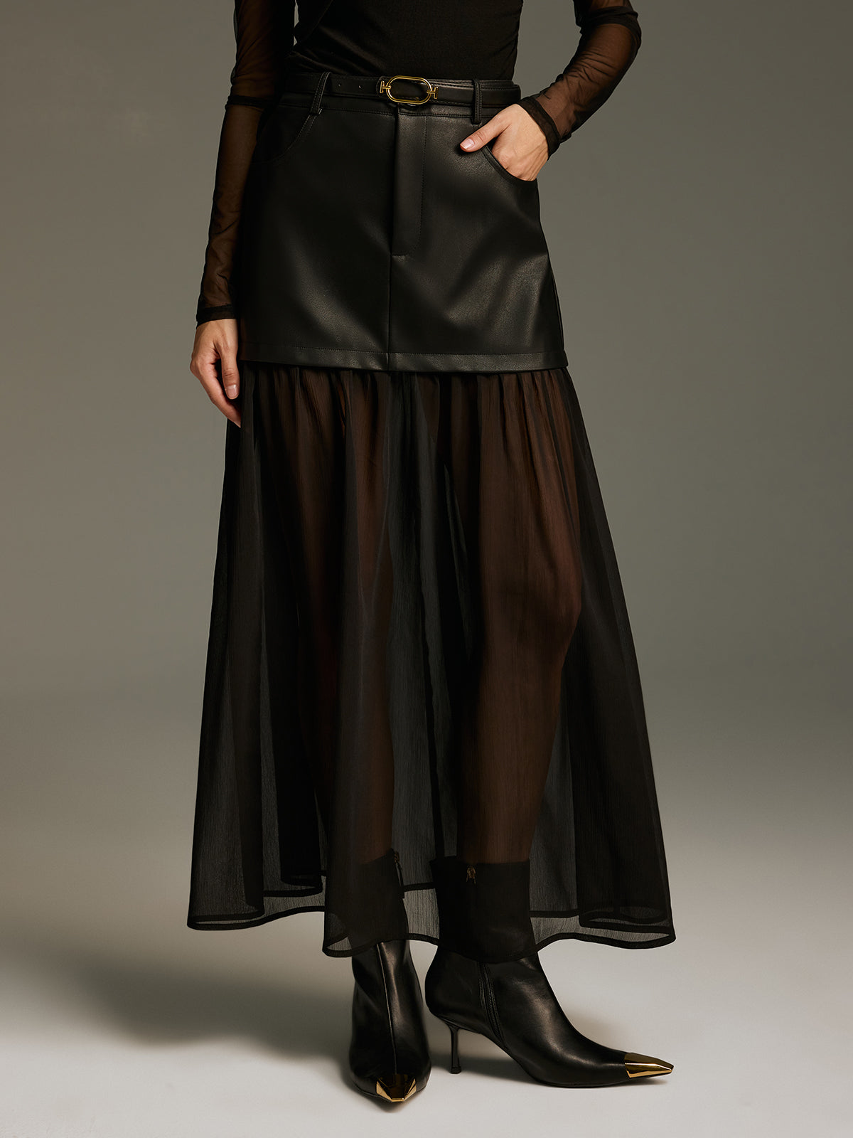 Belted Mesh Hem Faux Leather Maxi Skirt-Chicvia
