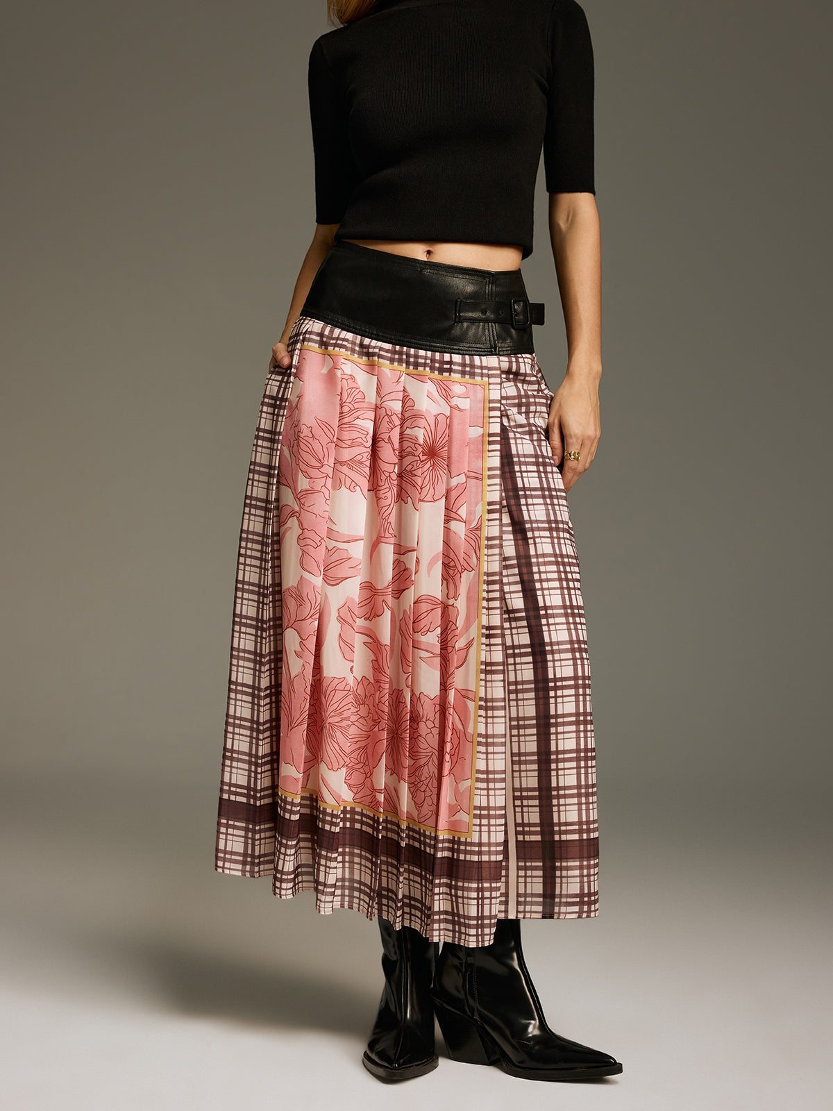 Floral & Plaid Print Pleated Maxi Skirt-Chicvia