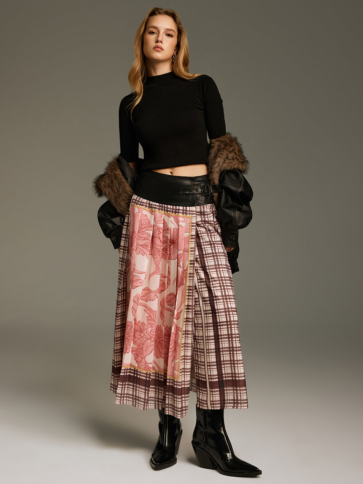 Floral & Plaid Print Pleated Maxi Skirt-Chicvia