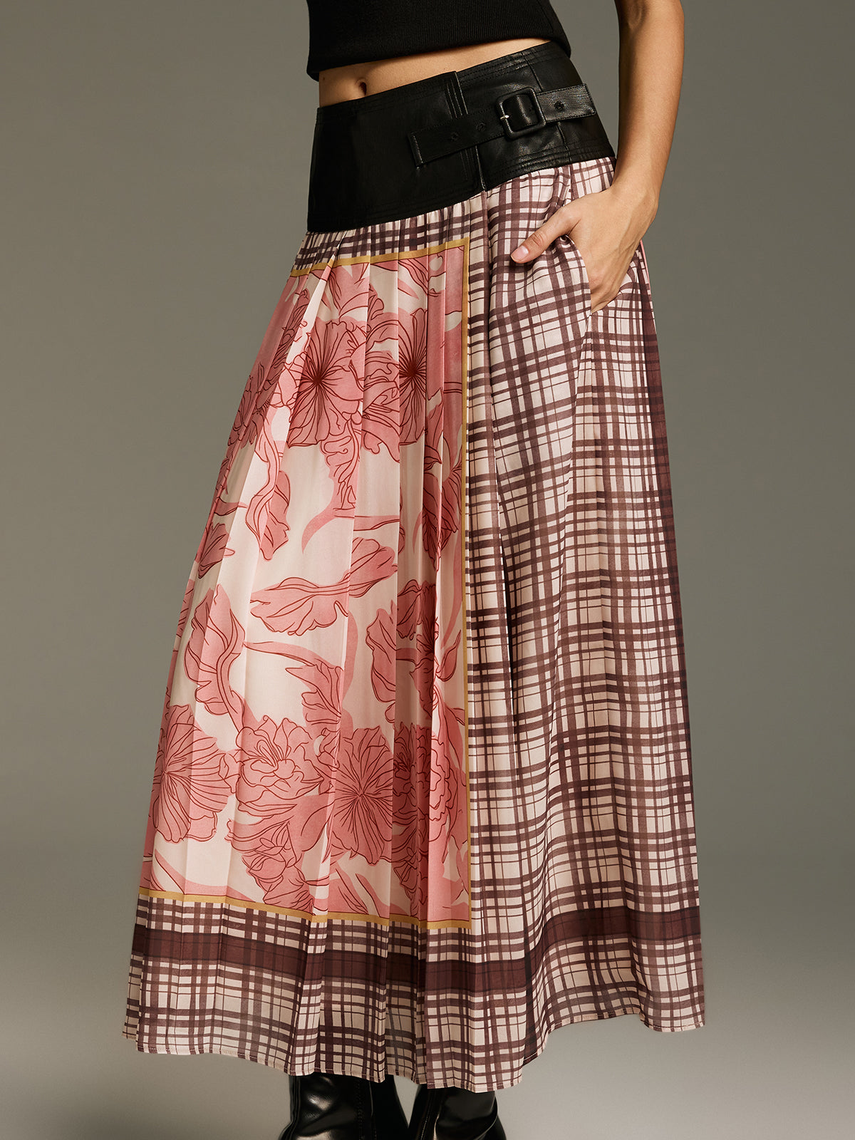 Floral & Plaid Print Pleated Maxi Skirt-Chicvia