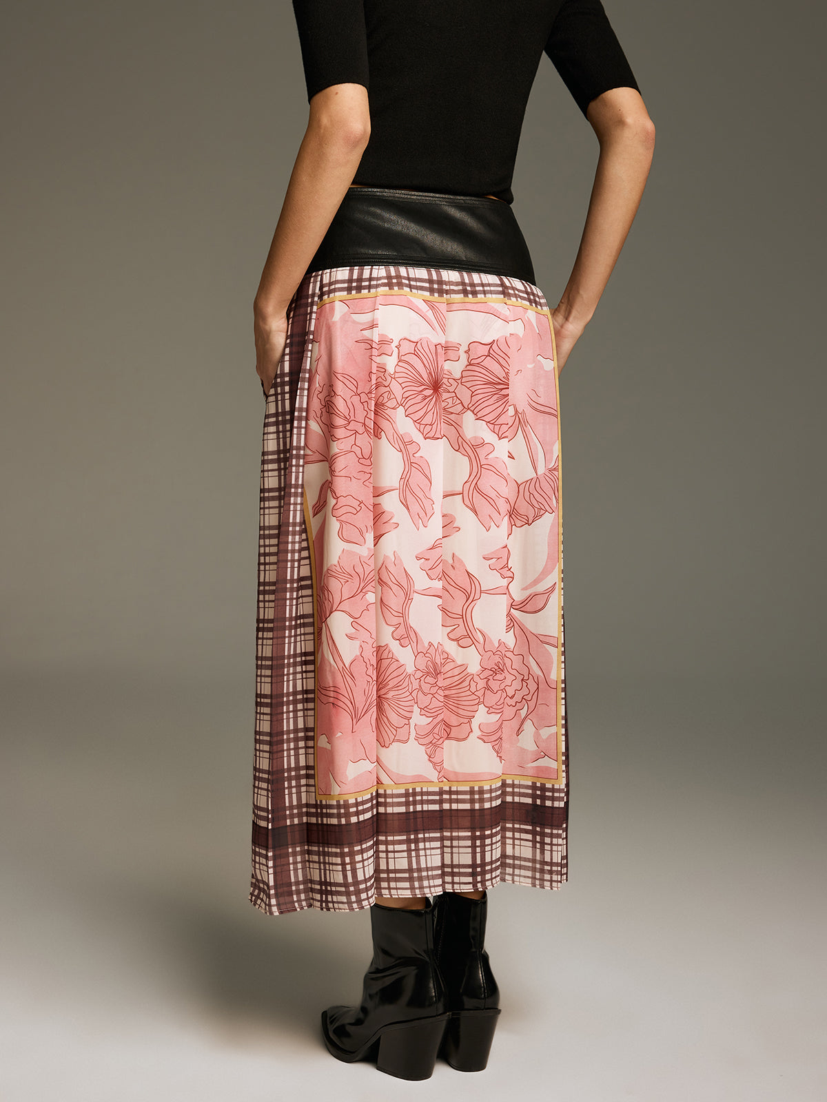 Floral & Plaid Print Pleated Maxi Skirt-Chicvia