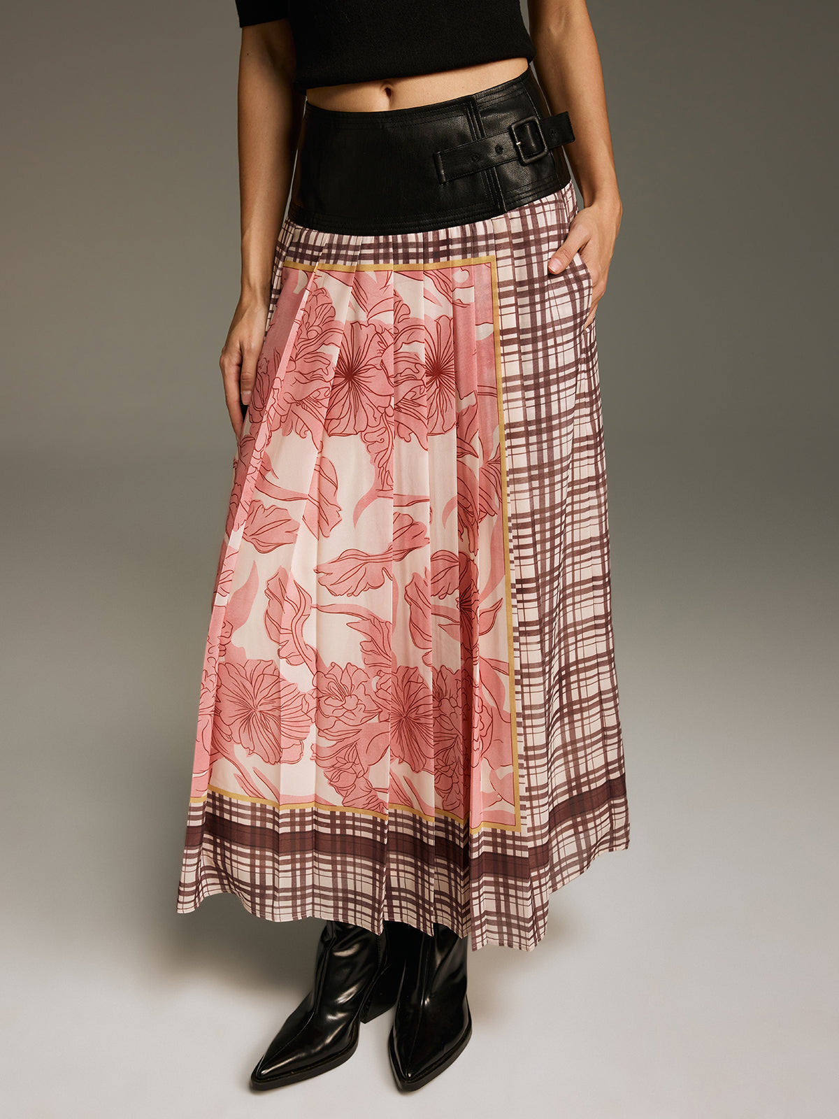 Floral & Plaid Print Pleated Maxi Skirt-Chicvia