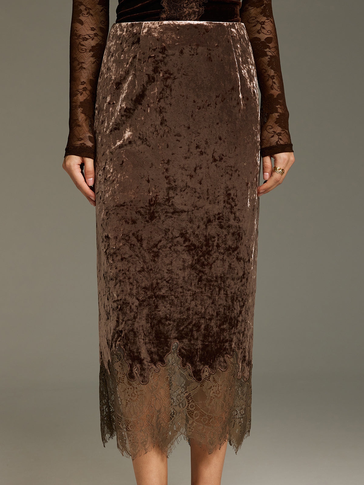 Lace Hem Velvet Midi Skirt-Chicvia