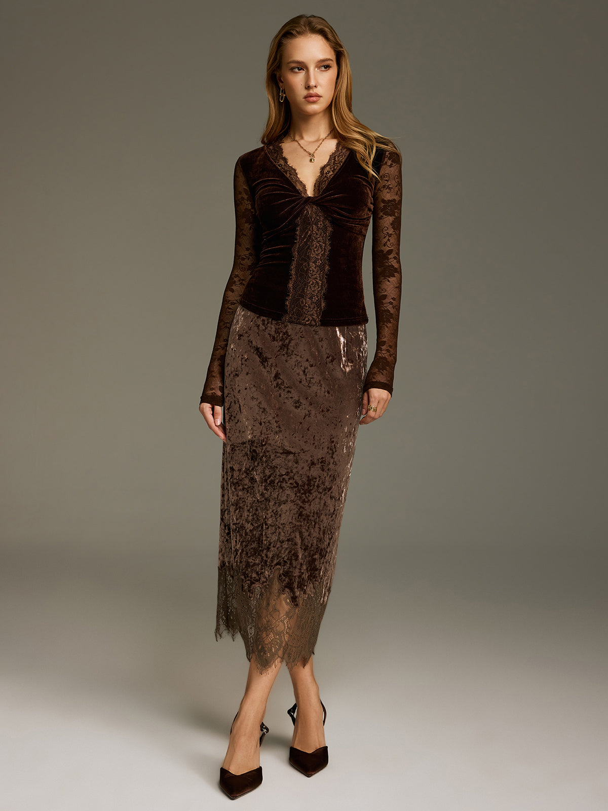 Lace Hem Velvet Midi Skirt-Chicvia