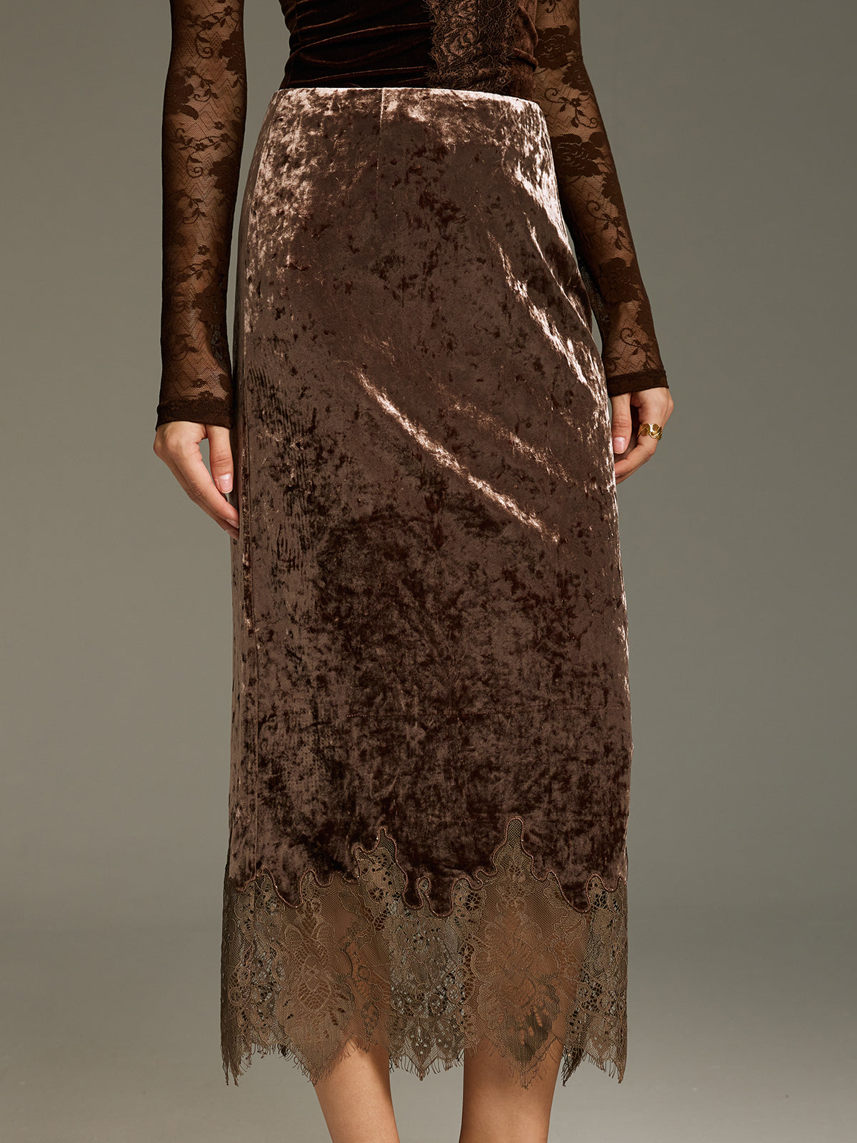 Lace Hem Velvet Midi Skirt-Chicvia