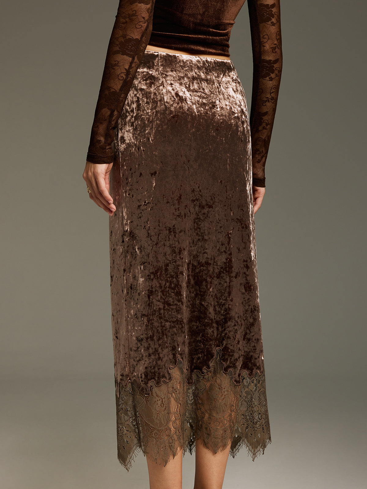 Lace Hem Velvet Midi Skirt-Chicvia
