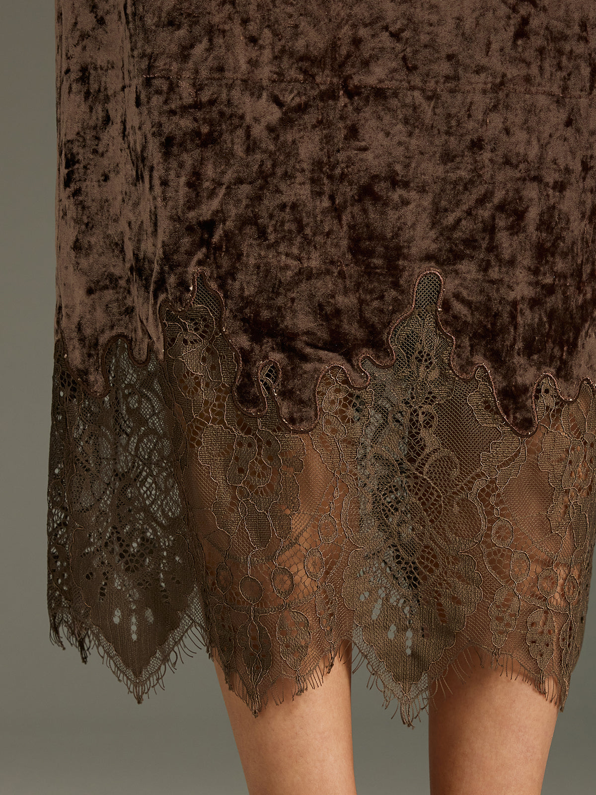 Lace Hem Velvet Midi Skirt-Chicvia